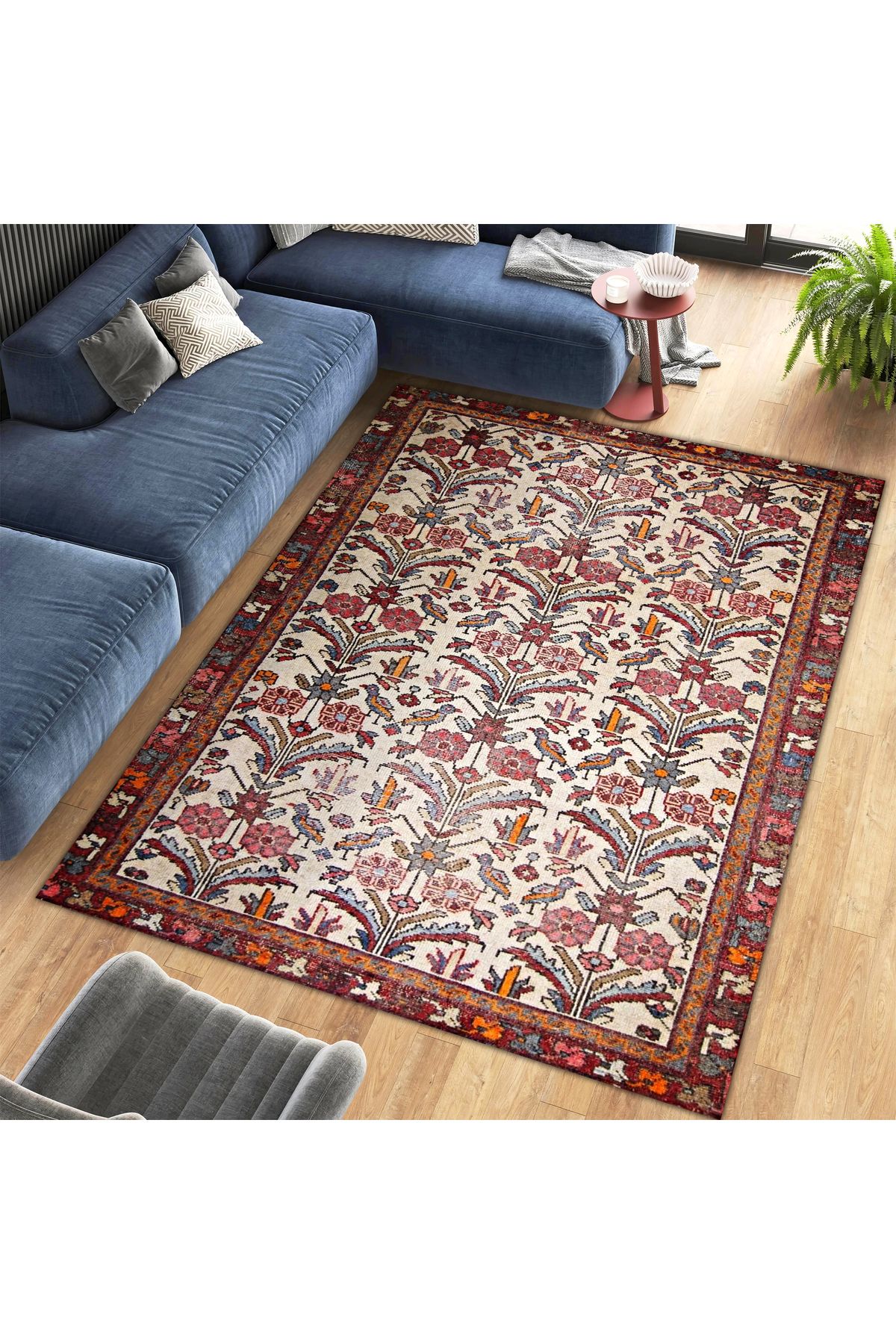 Mete Koleksiyonu Çok Renkli Etnik Çiçek Motifleri ve Geleneksel Desenli Vintage Dekoratif Halı 43