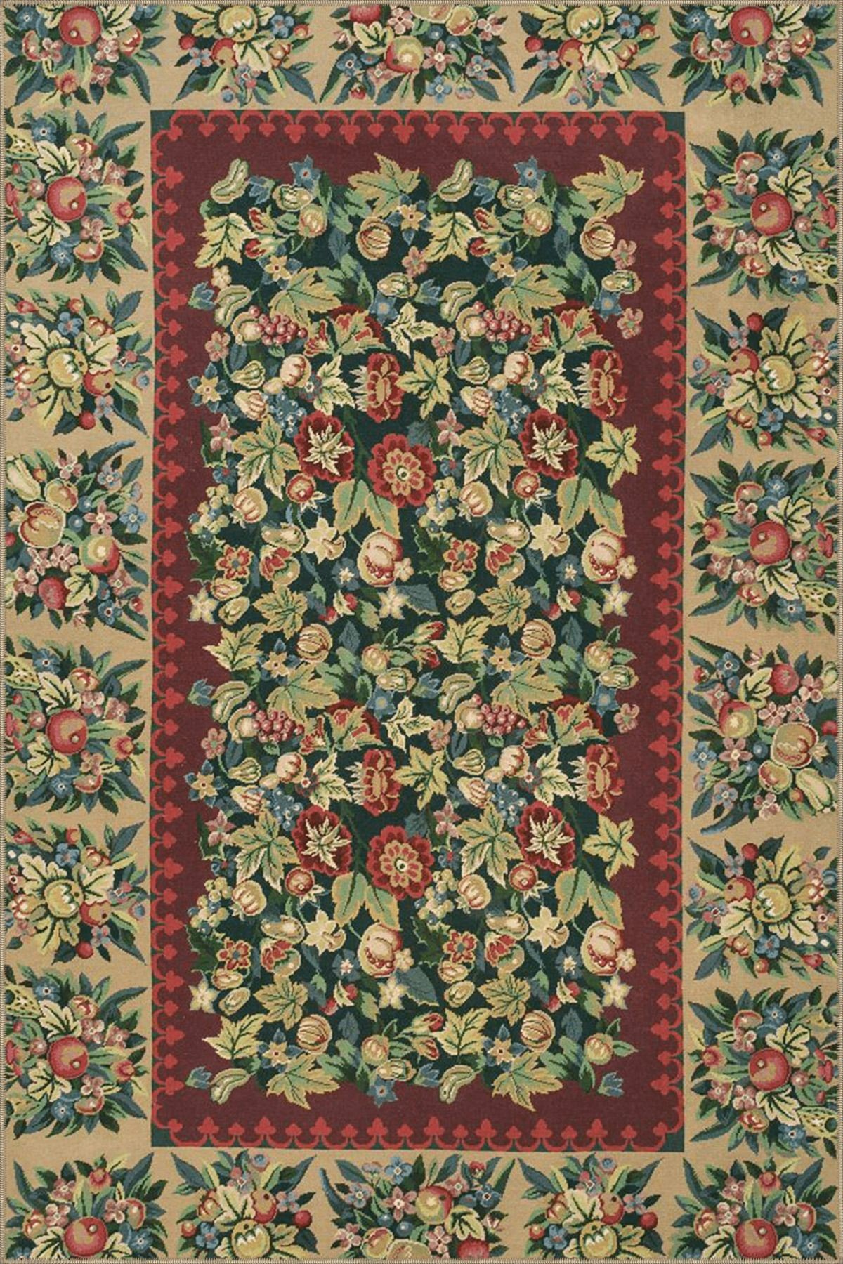 Floral Temalı Çok Renkli Motifli Çiçek Gül Desenli Vintage Dekoratif Halı 4762