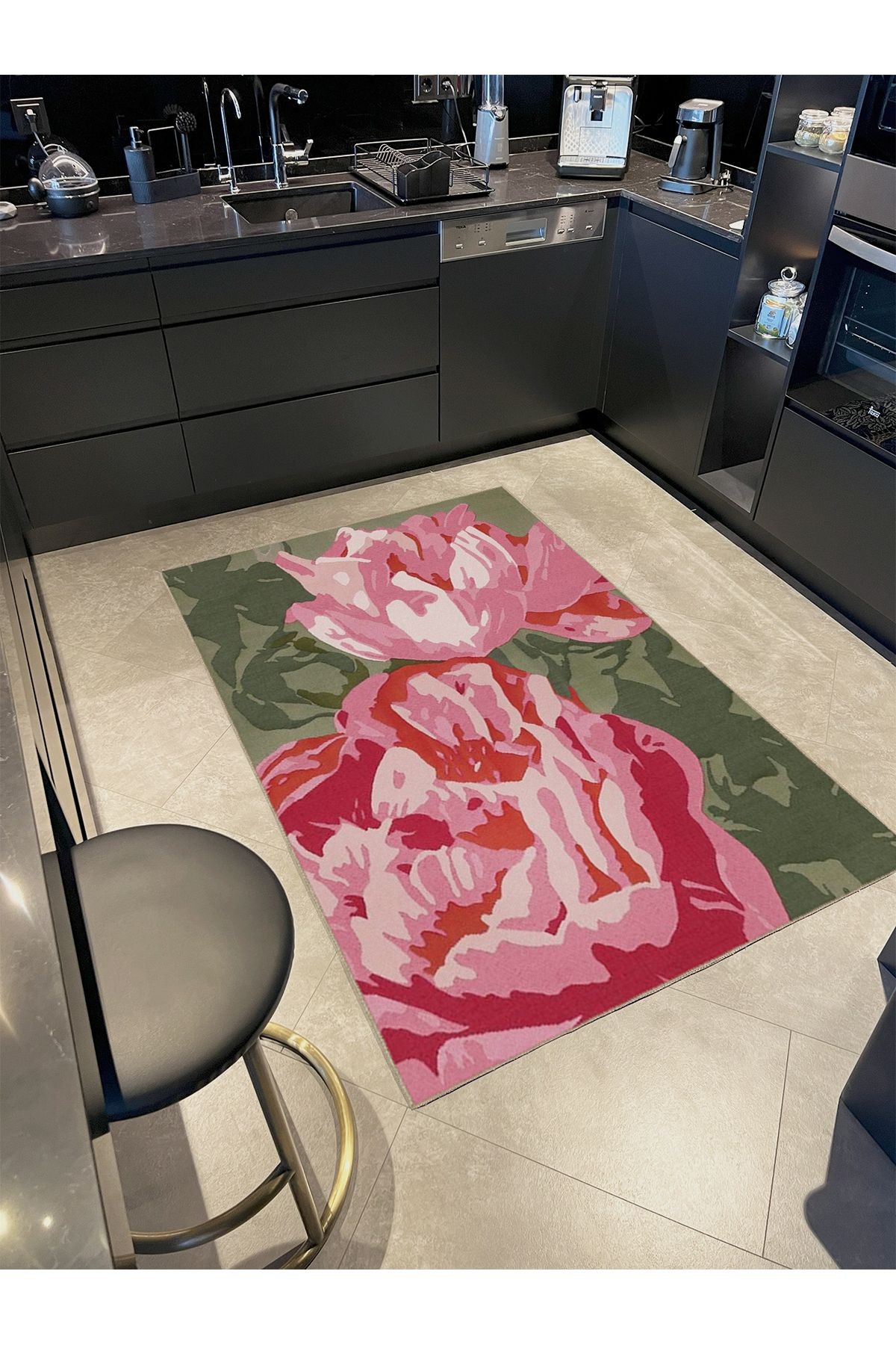 İnci Koleksiyonu Soyut Pembe Çiçek Desenli Dokuma Taban Modern Dekoratif Halı inci62