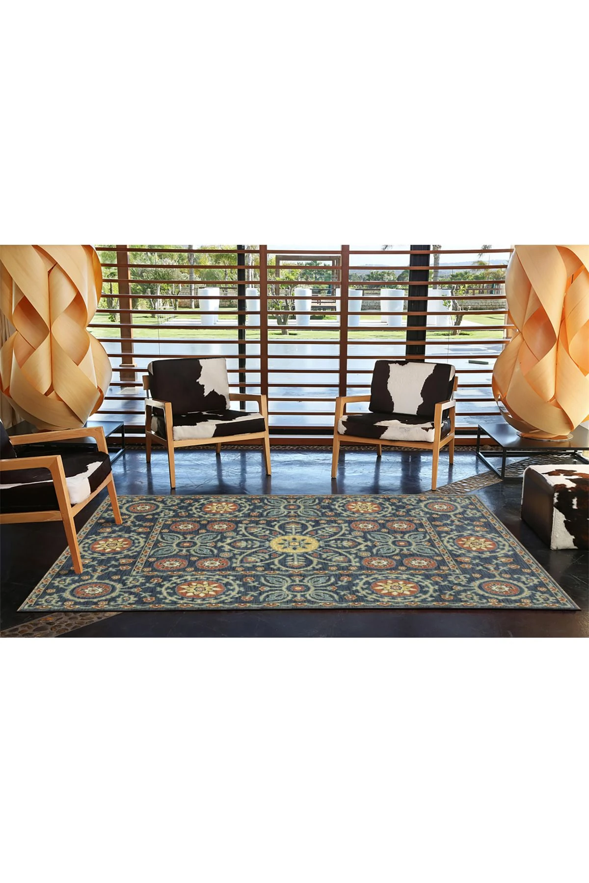 Lacivert Temalı Geleneksel Motif Etnik Çiçek Desenli Vintage Dekoratif Halı 3911