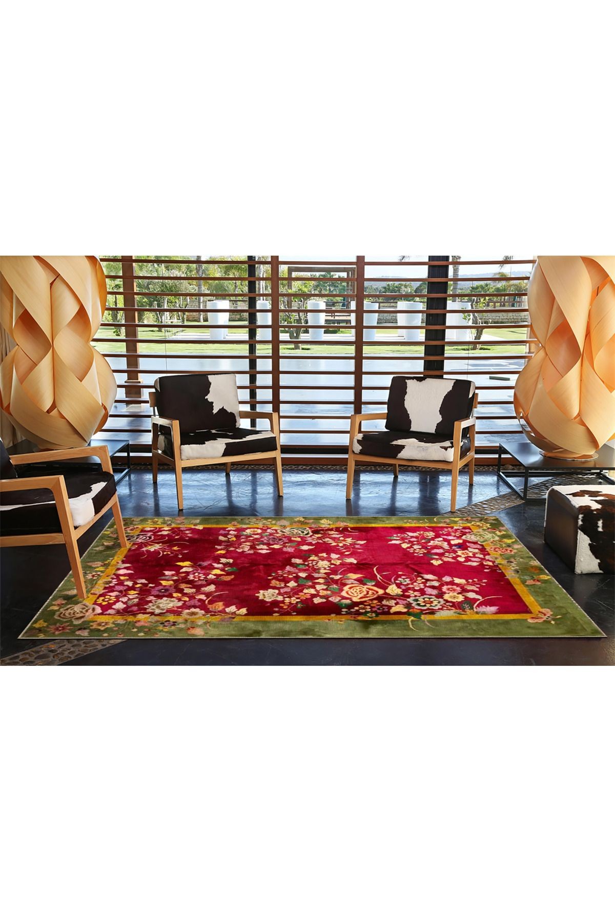 Kırmızı Temalı Geleneksel Çin Tasarım Floral Çiçek Desenli Vintage Dekoratif Halı 3488
