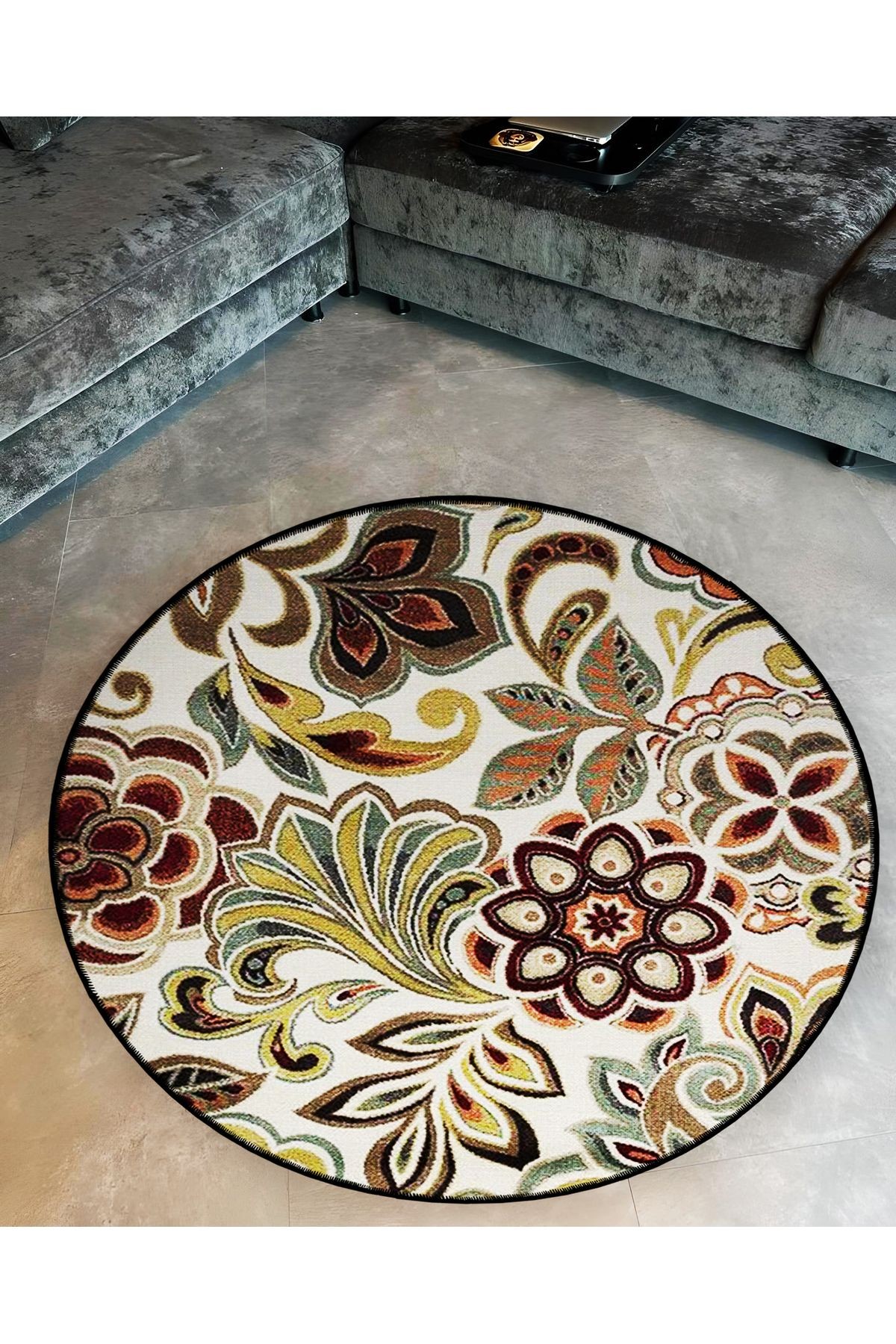 Mira Yuvarlak Yaprak ve Çiçek Detaylı Dokuma Taban Modern Dekoratif Halı 5679