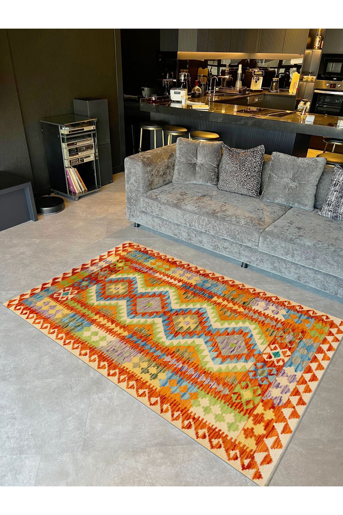 İnci Koleksiyonu Çok Renkli İskandinav Desenli Dokuma Taban Vintage Dekoratif Halı inci34