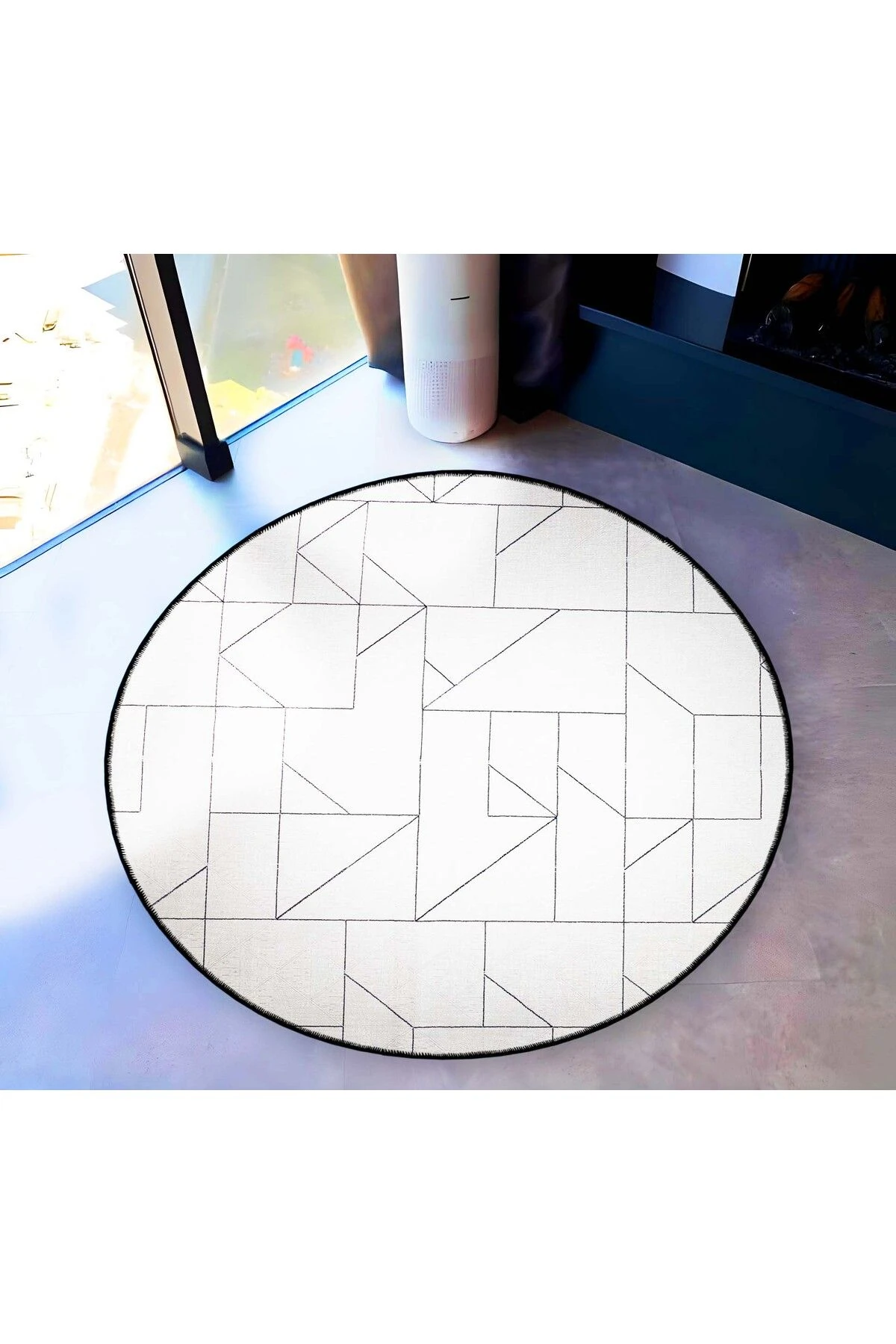 Mira Yuvarlak Beyaz Siyah Çizgi Şekil Detaylı DokumaTaban Modern Dekoratif Halı mirayuvarlak5833