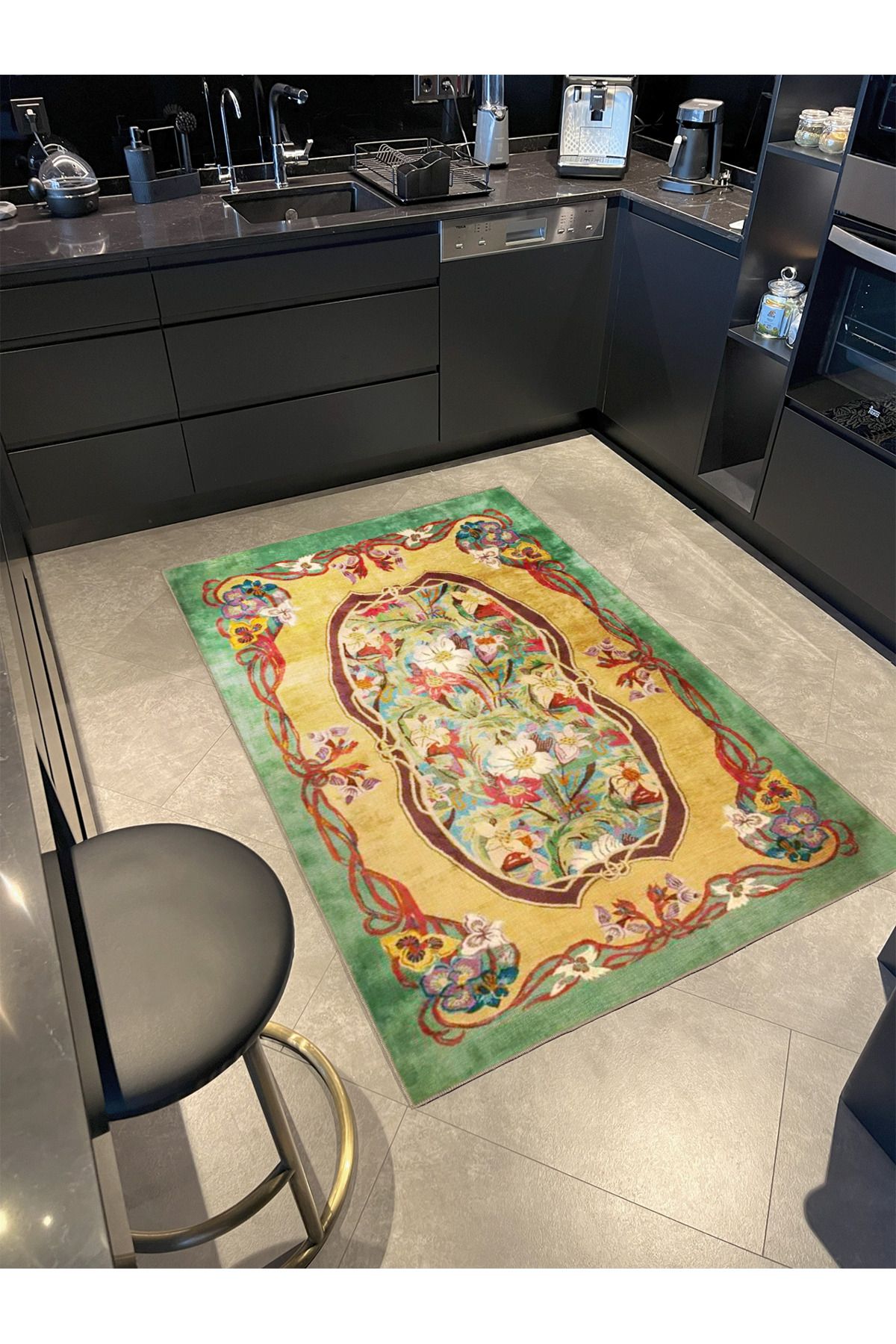 Yeşil Sarı Temalı Floral Çiçek Desenli Vintage Dekoratif Halı 3821