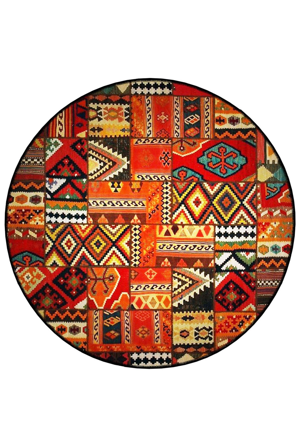 Mira Yuvarlak Çok Renkli Patchwork Etnik Desen Dokuma Taban Modern Dekoratif Halı 5792