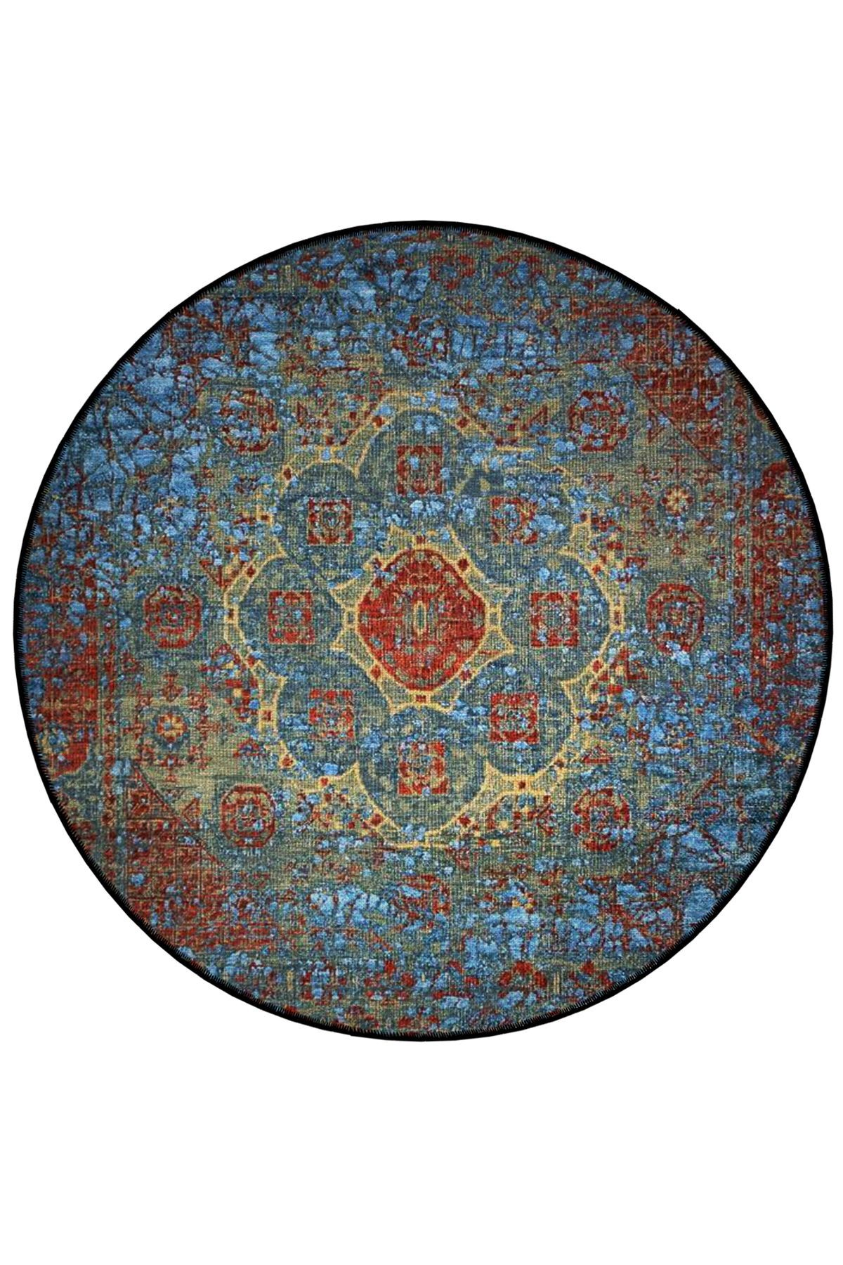 Çok Renkli Geleneksel Motif Desenli Yuvarlak Dokuma Taban Vintage Dekoratif Halı 6186