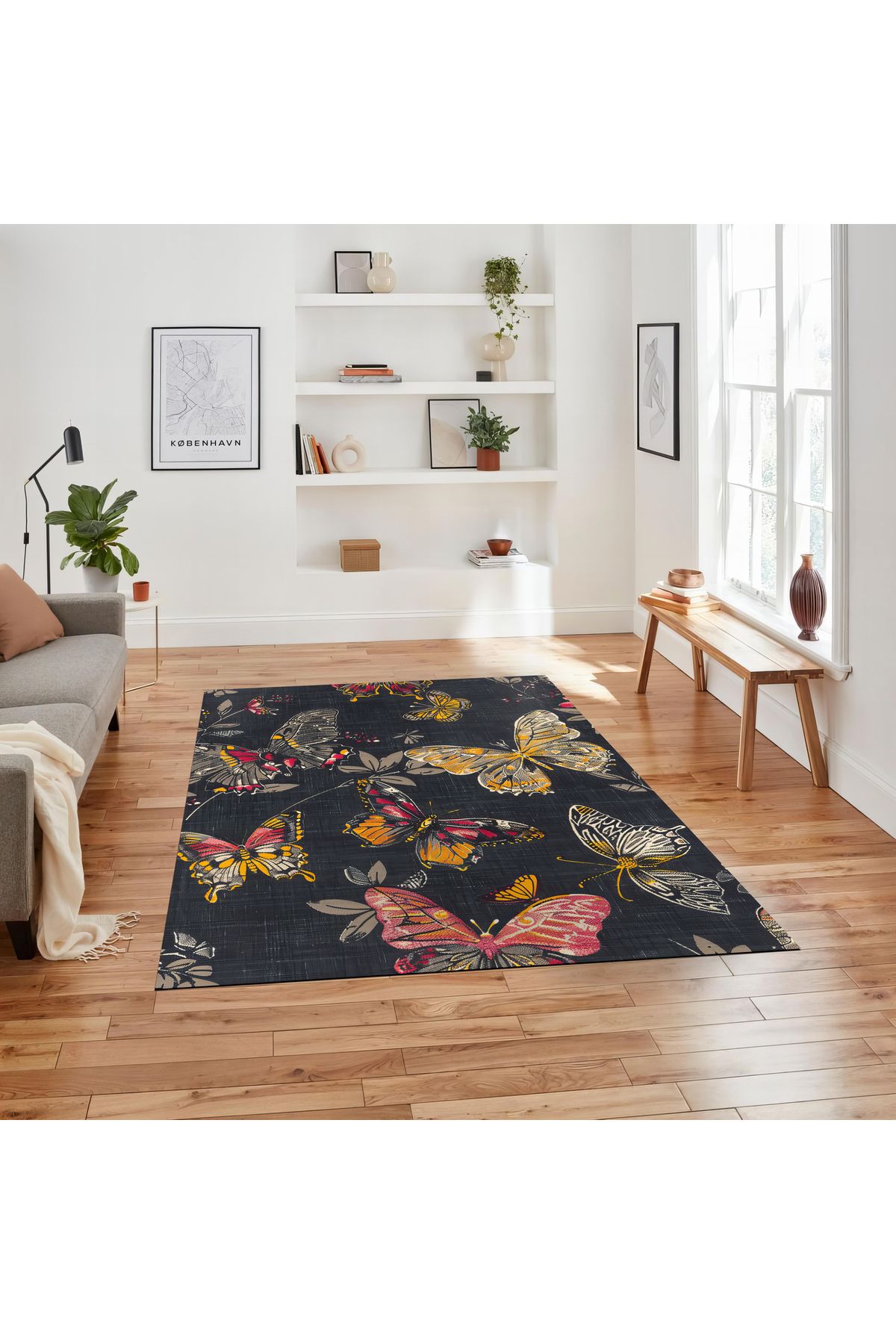 Paris Koleksiyonu Koyu Antrasit Renkli Kelebekler Desenli Modern Dekoratif Halı paris17