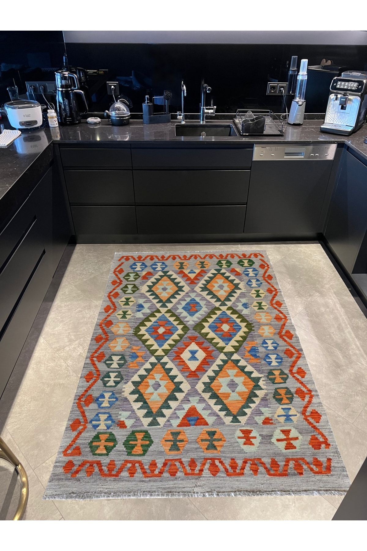 Cotton 570 Etnik Gri Otantik Saçaklı Etnik Dokuma Taban Kilim