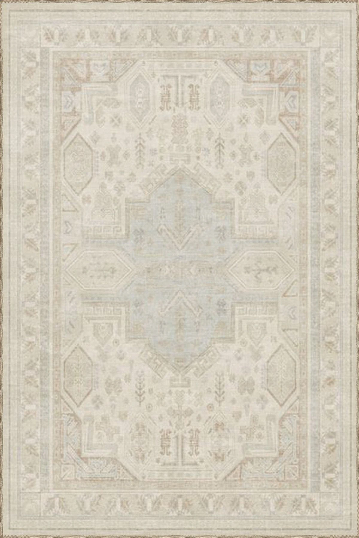 Krem Renkli Geleneksel Desenli Geometrik Dokuma Taban Halı miravip8119