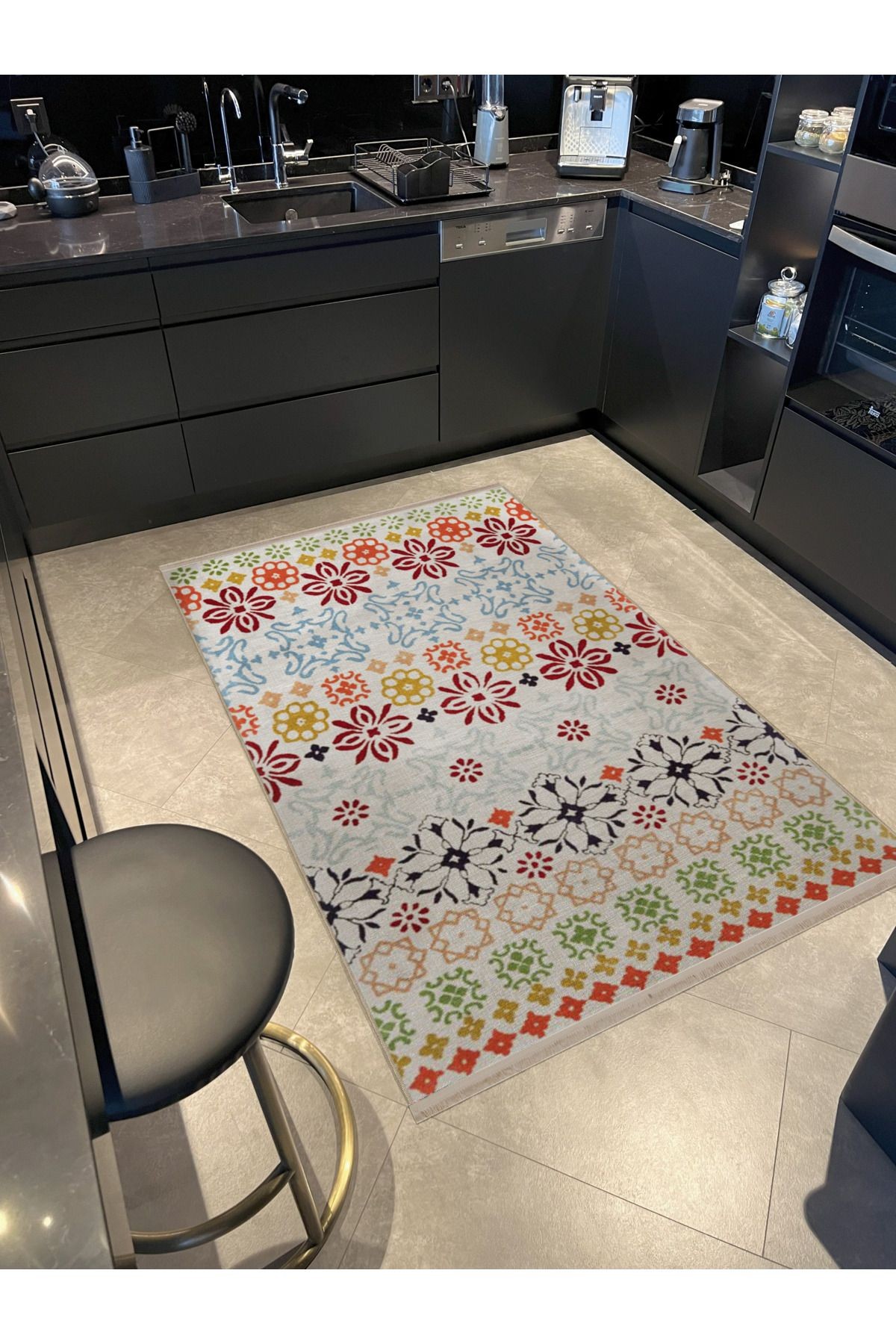 Açık Ton Çok Renkli Motifli Etnik Çiçek Desenli Kreatif Vintage Dekoratif Halı 2801