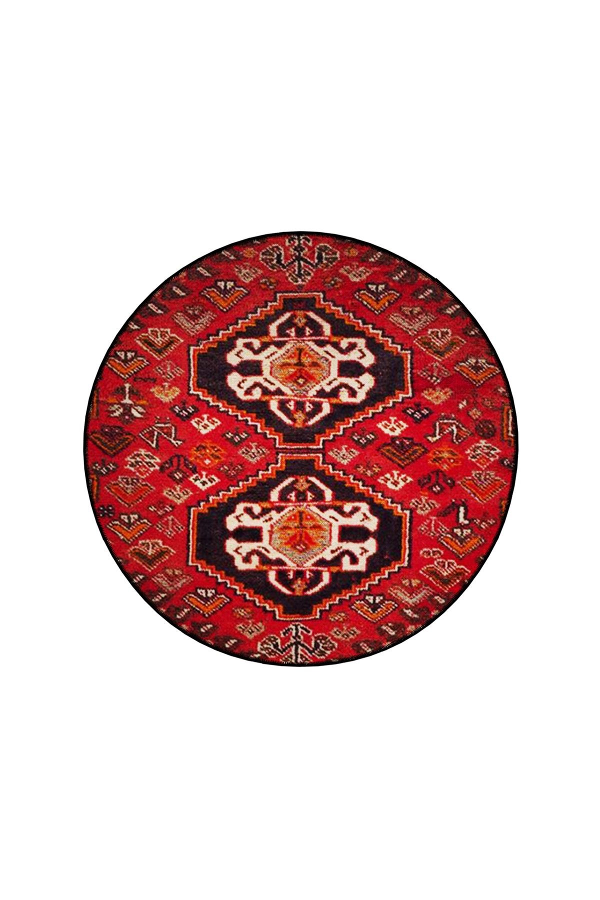 Kırmızı Temalı Geleneksel Motif Desenli Yuvarlak Dokuma Taban Vintage Dekoratif Halı 6220