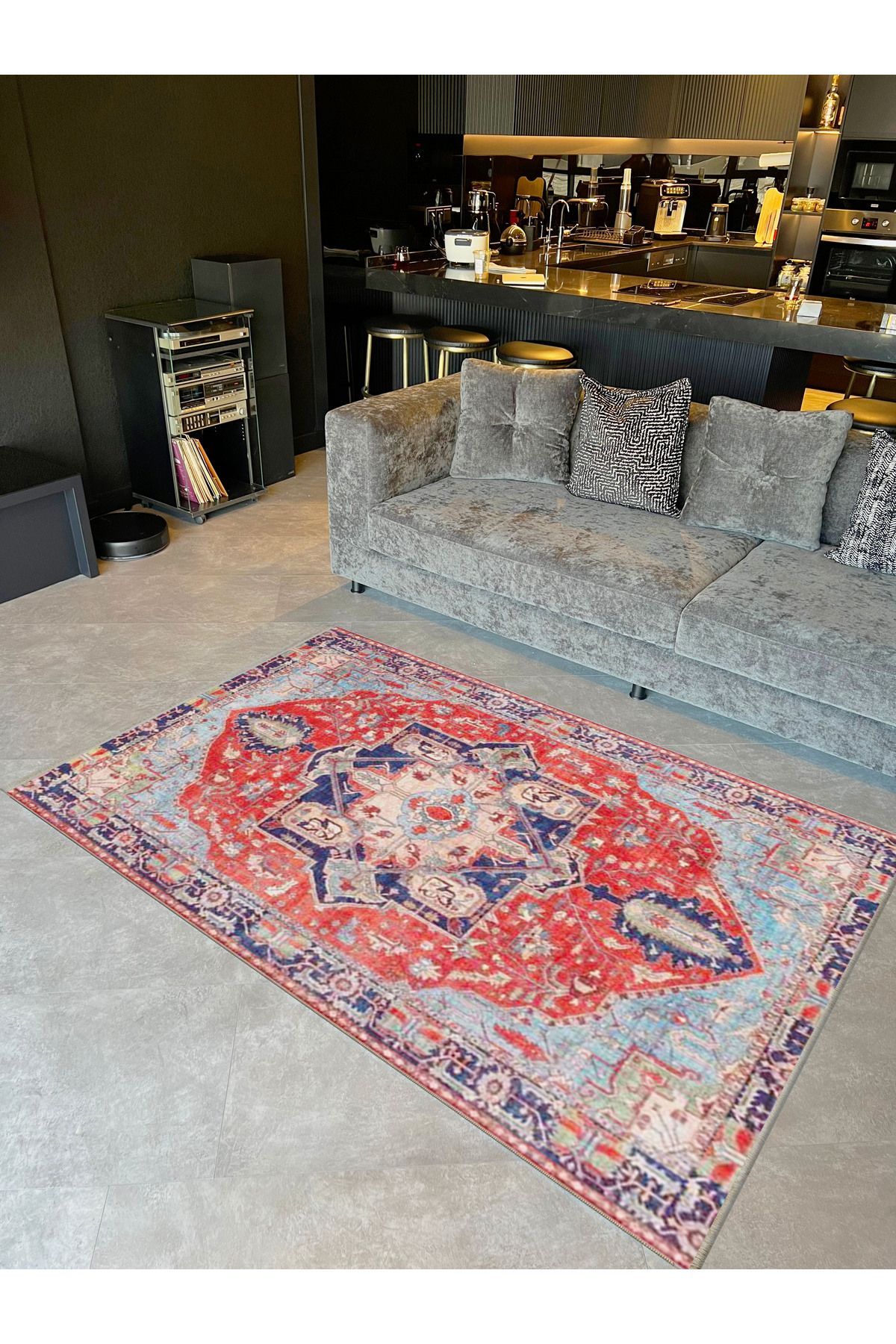 Alya Koleksiyonu Mavi Kırmızı Etnik Desenli Eskitme Görünümlü Dokuma Taban Dekoratif Halı alya11