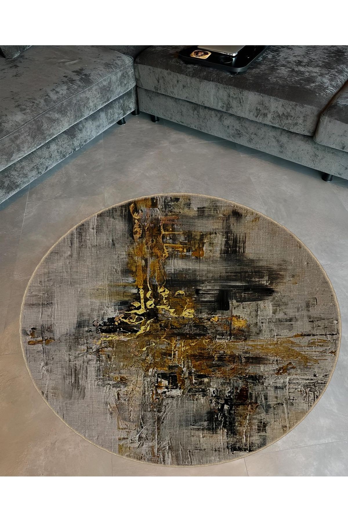 Gri Bej Ton Soyut Desenli Yuvarlak Dokuma Taban Modern Dekoratif Halı 6047