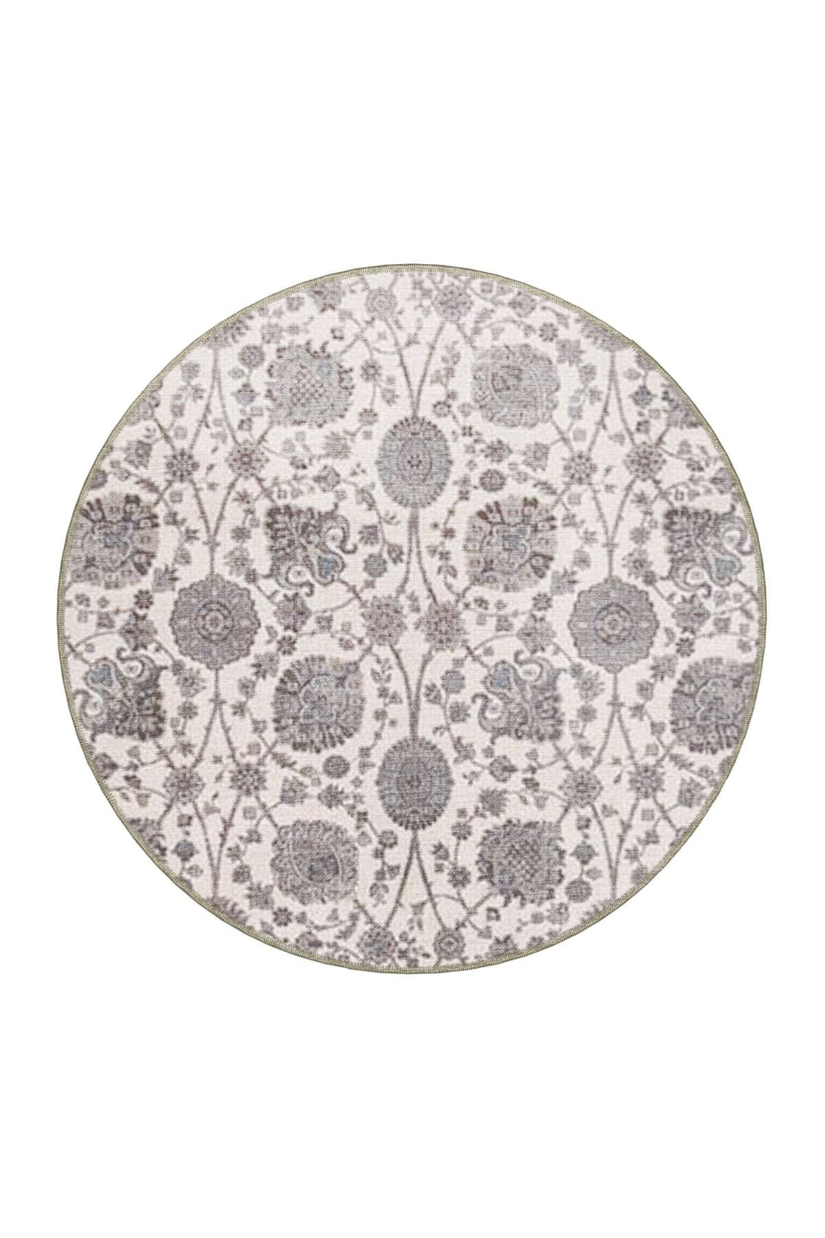 Gri Bej Temalı Etnik Floral Çiçek Desenli Vintage Dekoratif Halı 3861