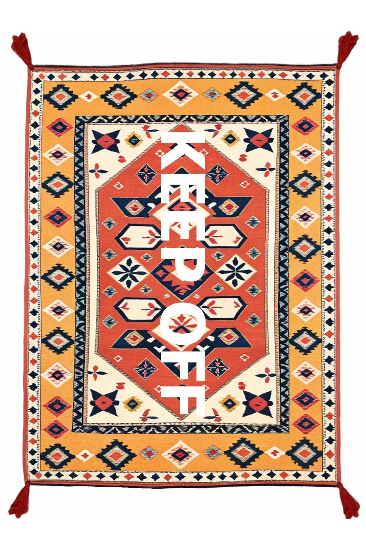 Tokyo Koleksiyonu Kiremit Renk Keep Off Yazılı Desenli Dokuma Taban Vintage Dekoratif Halı 20