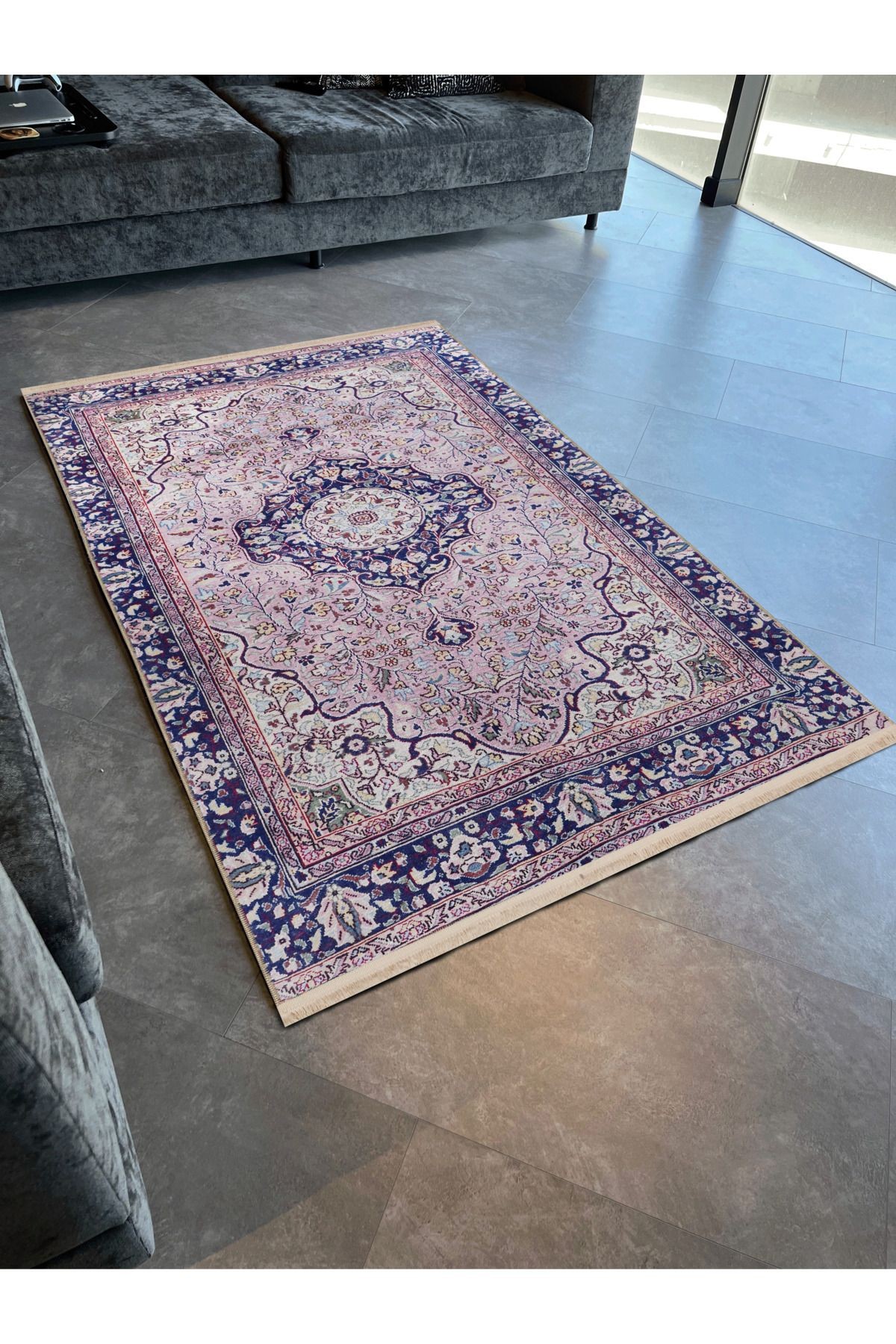 Pudra Lacivert Temalı Geleneksel Motif Etnik Desenli Kreatif Vintage Dekoratif Halı 2465