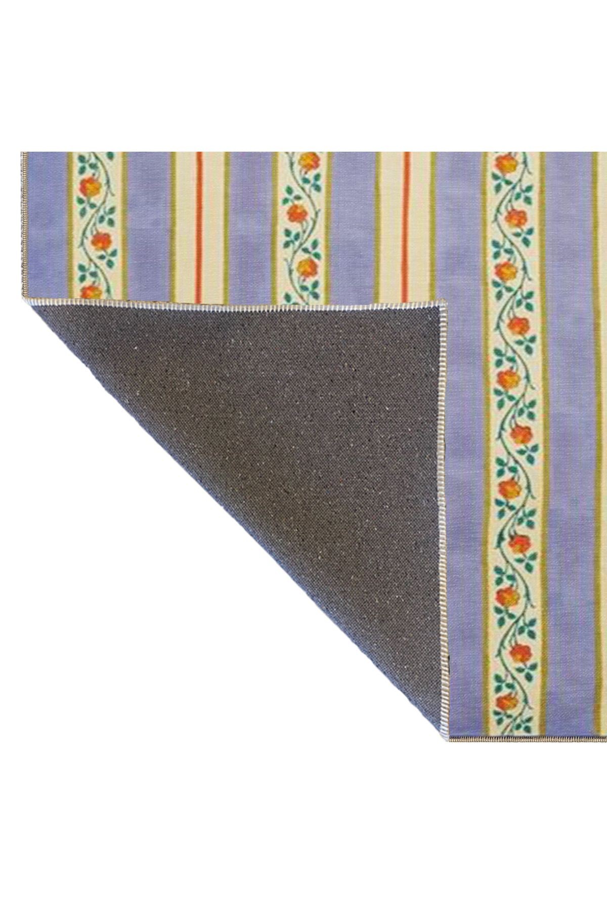 Gri Sarı Dik Çizgili Çiçek Motifli Desenli Yıkanabilir Dokuma Taban Halı miravip1058