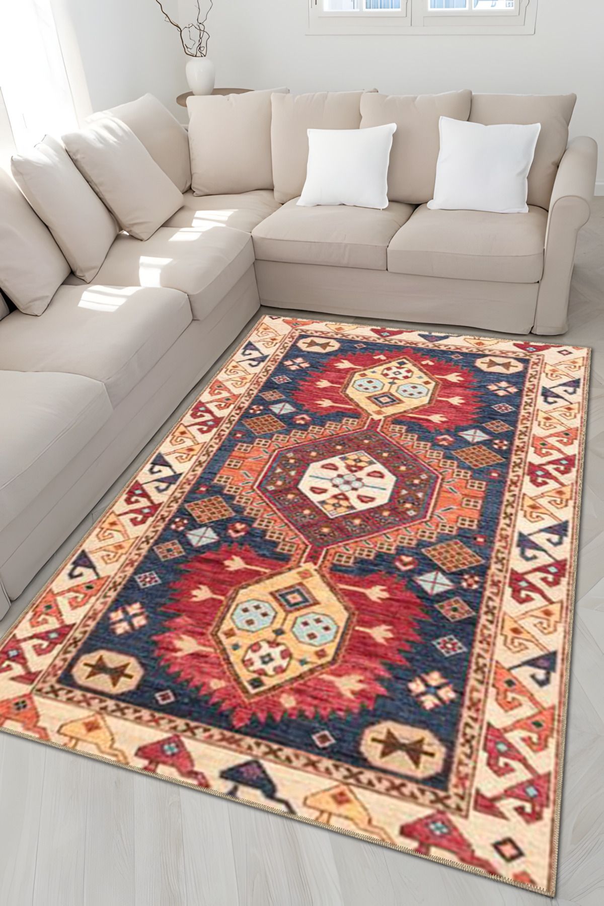 Lacivert Temalı Geleneksel Motif Desenli Etnik Vintage Dekoratif Halı 5016