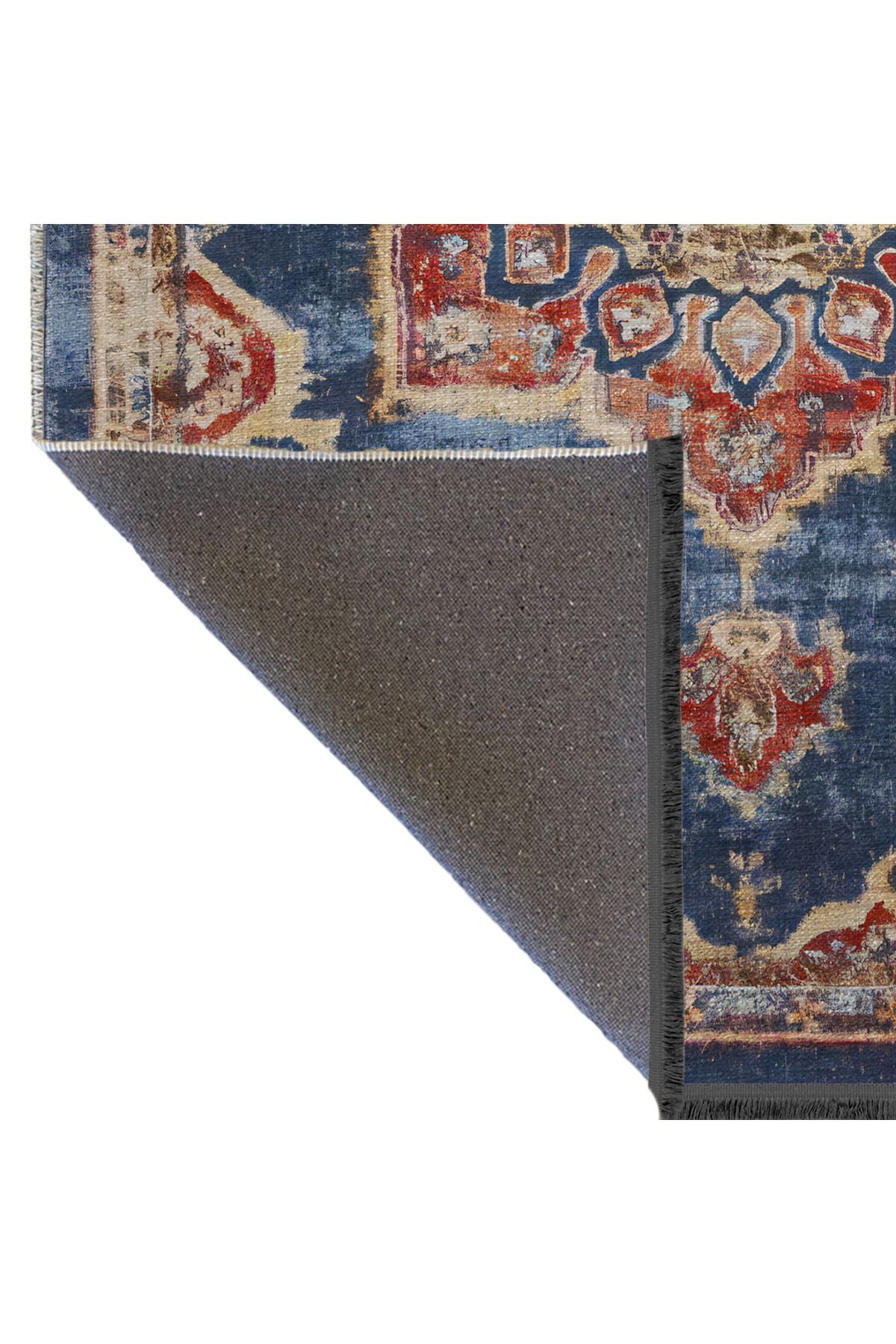 Mavi Temalı Geleneksel Motif Etnik Çiçek Desenli Kreatif Vintage Dekoratif Halı 2422