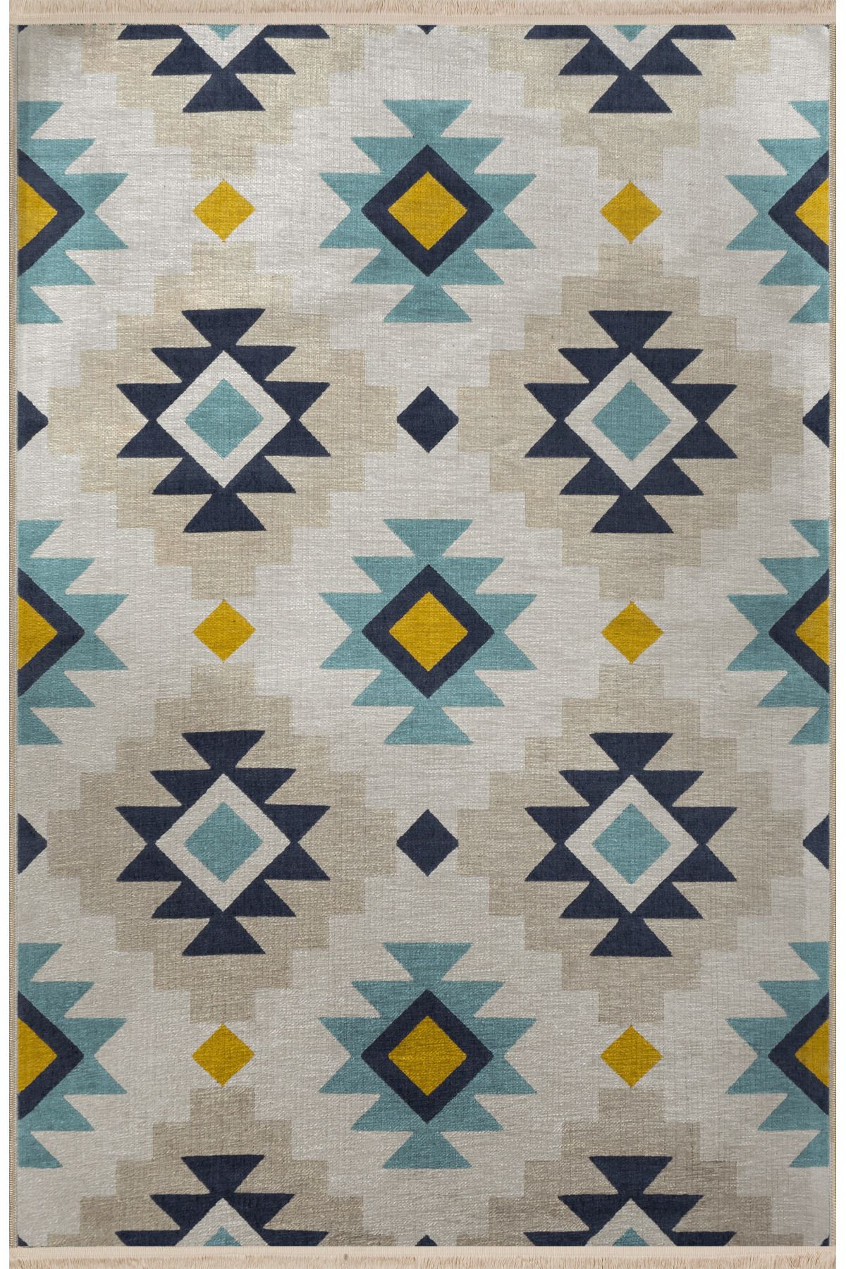 Bej Mavi Temalı Çok Renkli Geometrik Motif Desenli Kreatif Vintage Dekoratif Halı 2757