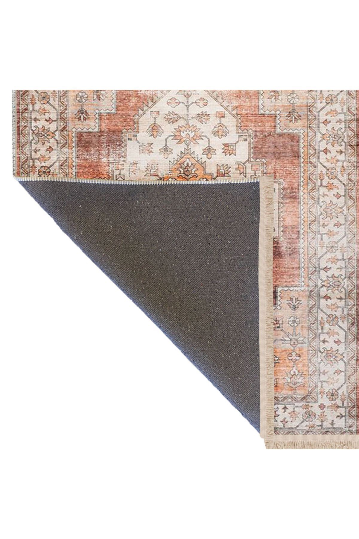 Alya Koleksiyonu Eskitme Görünümlü Turuncu Bej Desenli Dokuma Taban Modern Dekoratif Halı alya30