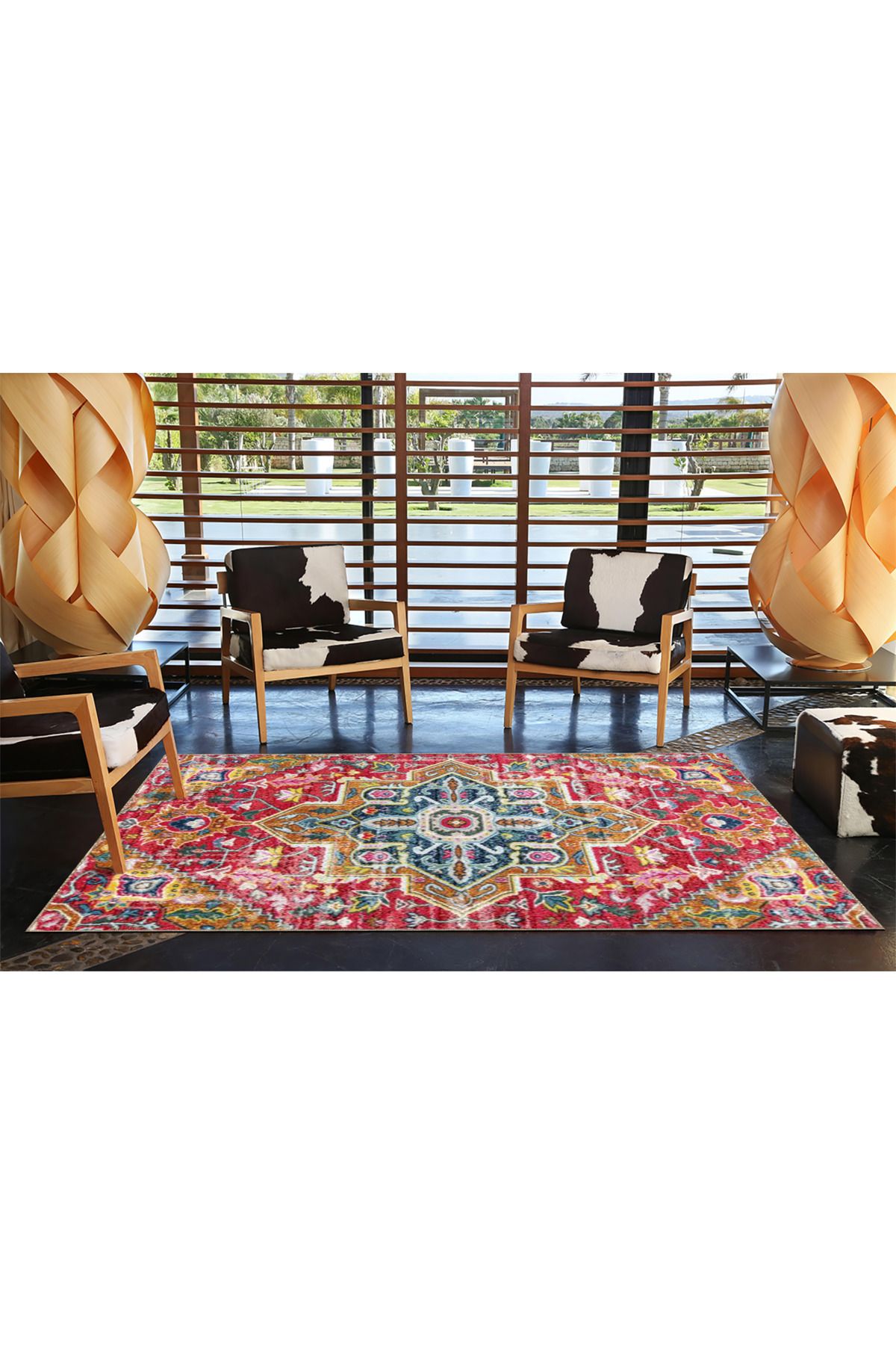 Pembe Temalı Çok Renkli Geleneksel Motif Desenli Vintage Dekoratif Halı 3596