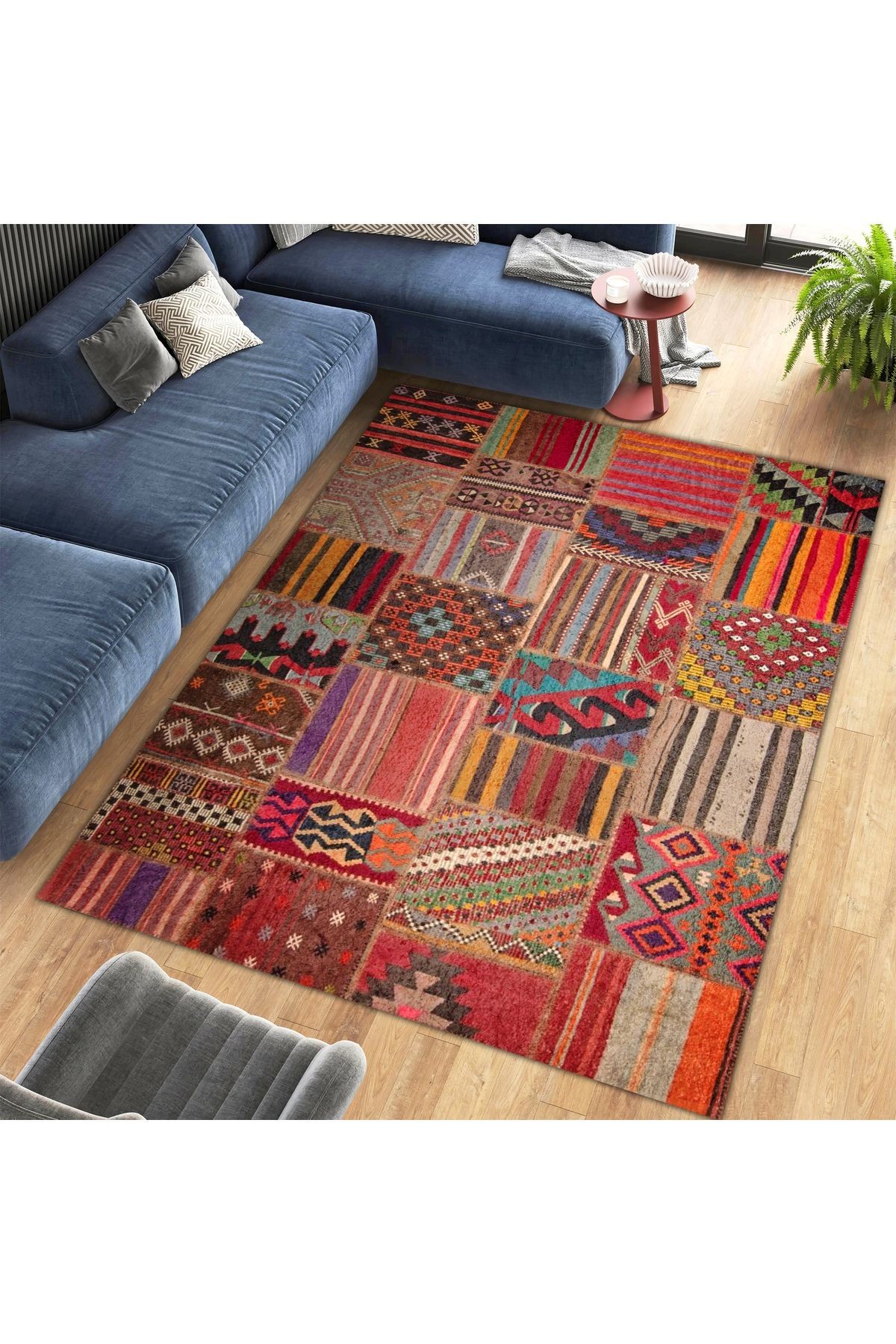 Aysu Koleksiyonu Çok Renkli Patchwork Görünümlü Dokuma Taban Modern Dekoratif Halı aysu15