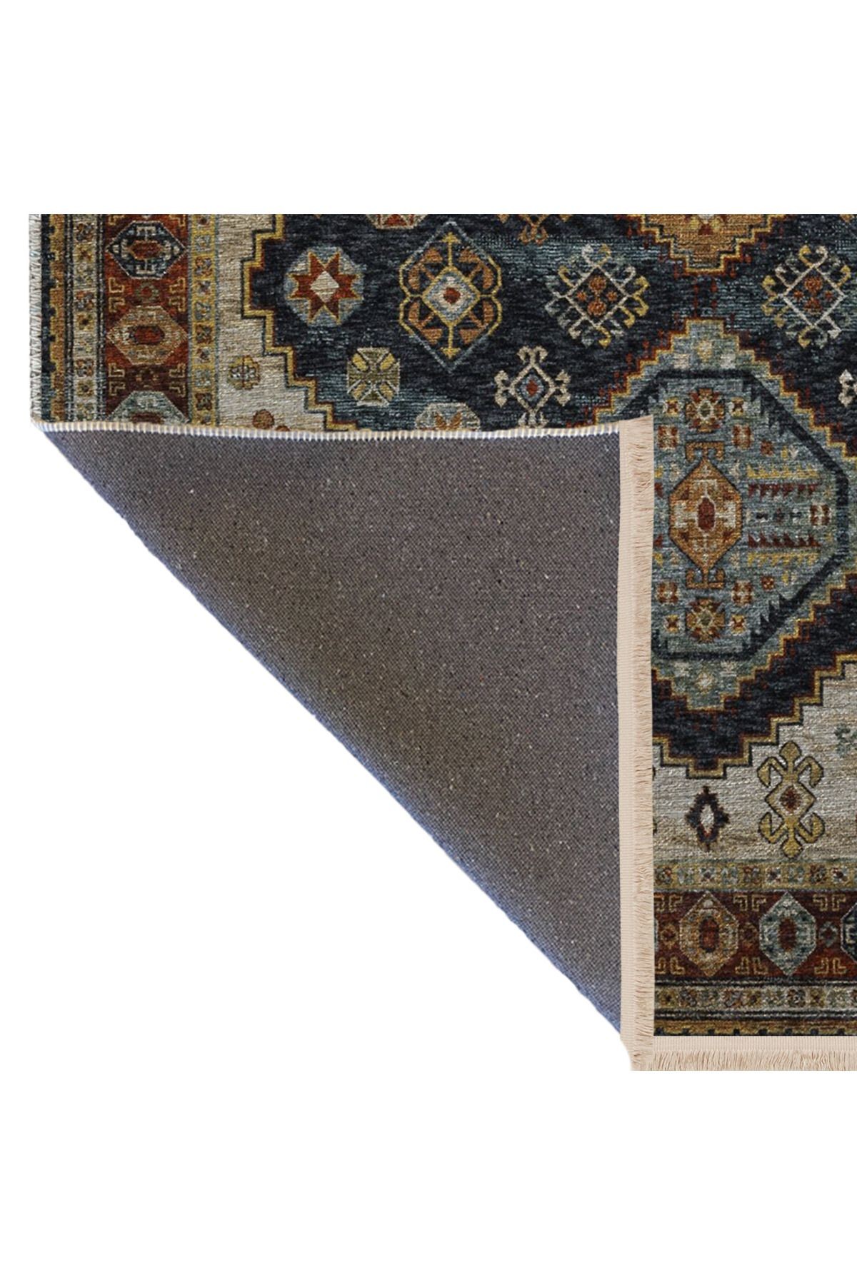 Koyu Mavi Sarı Temalı Geleneksel Motif Desenli Kreatif Vintage Dekoratif Halı 2864