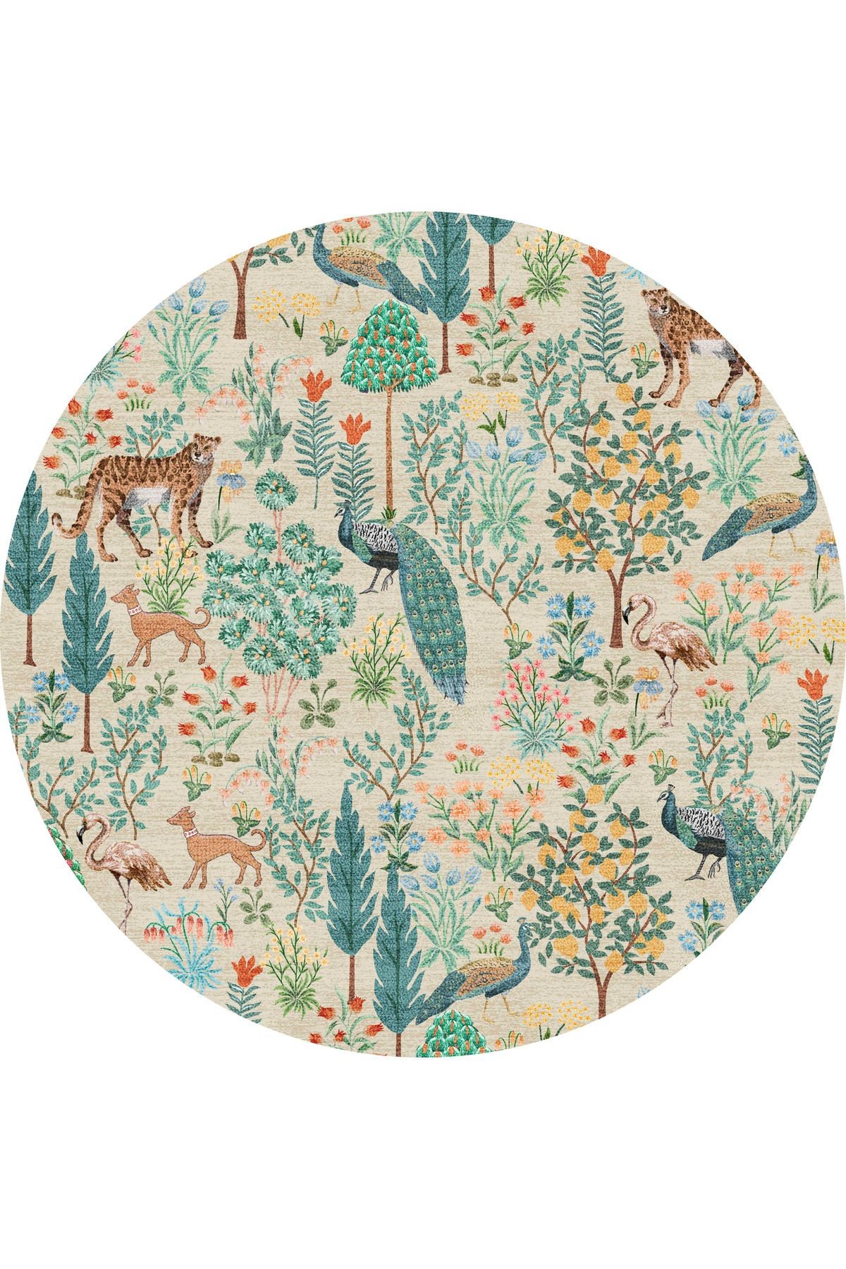 Yuvarlak 1318 Floral Mira Bej Pastel Botanik Tema Dokuma Taban Halı