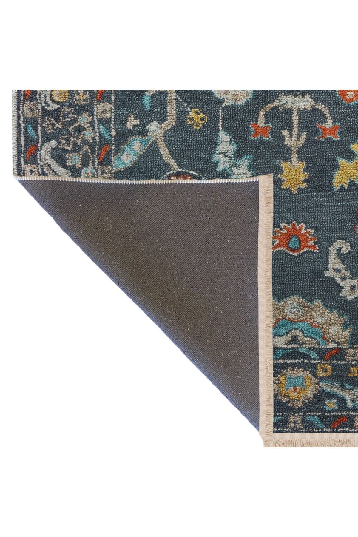 Lacivert Temalı Çok Renkli Motifli Etnik Çiçek Desenli Vintage Dekoratif Halı 2806