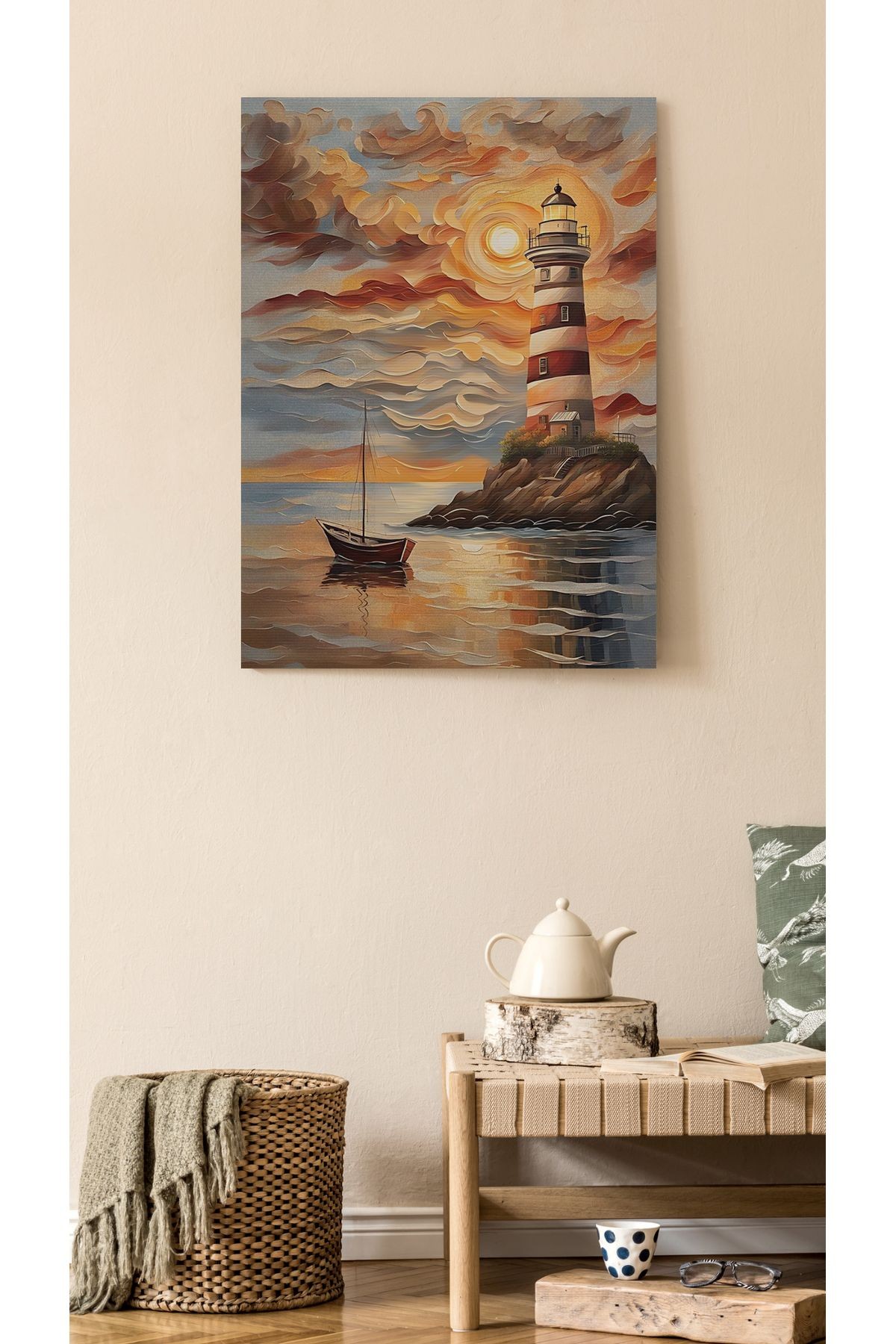 Kanvas Tablo Deniz Feneri ve Gün Batımı Desenli Modern Tablo