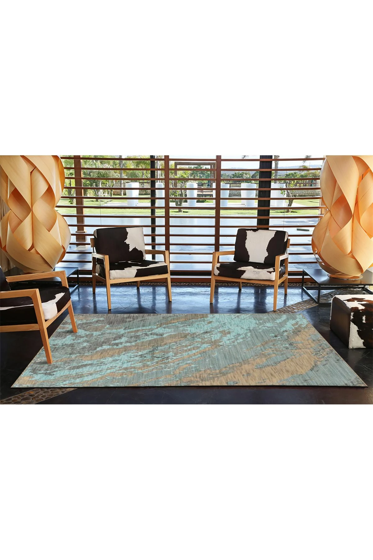 Turkuaz Temalı Soyut Desenli Kreatif Modern Dekoratif Halı 3930