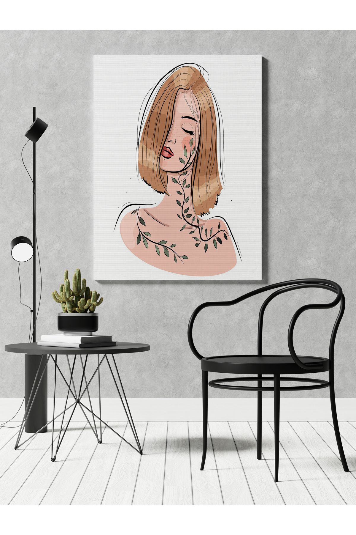 Kanvas Tablo Yapraklı Kız Desenli Modern Tablo