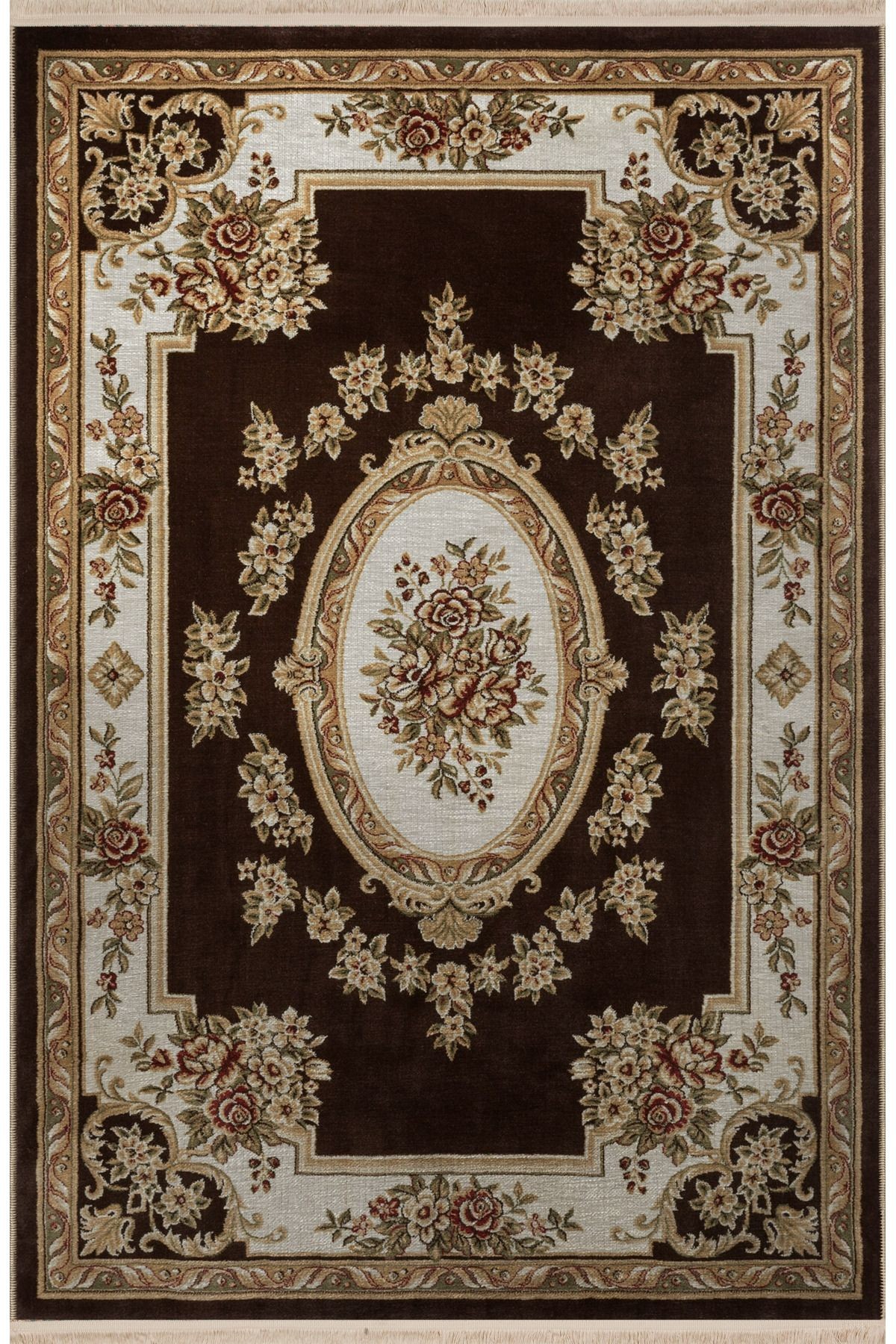 Bej Kahve Temalı Geleneksel Motif Çiçek Desenli Saçaklı Vintage Dekoratif Halı 3068