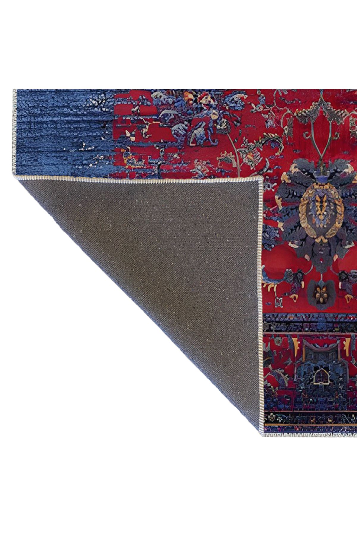 Mavi Bordo Temalı Geleneksel Motif Desenli Vintage Dekoratif Halı 1678