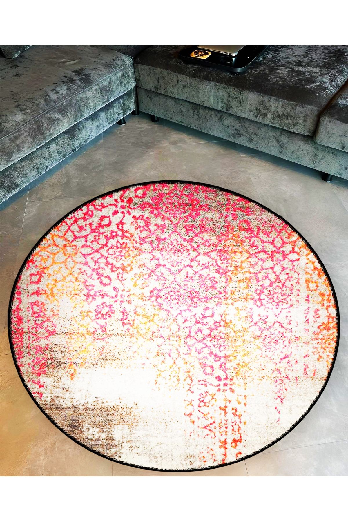 Mira Yuvarlak Pembe Turuncu Etnik  Detaylı Dokuma Taban Modern Dekoratif Halı 5717