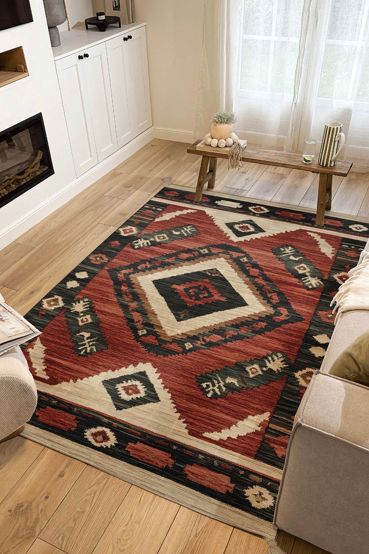 Herat Atelier Vintage Afgan Desen Bordo Renkli Dokuma Taban Dekoratif Salon Halısı 306