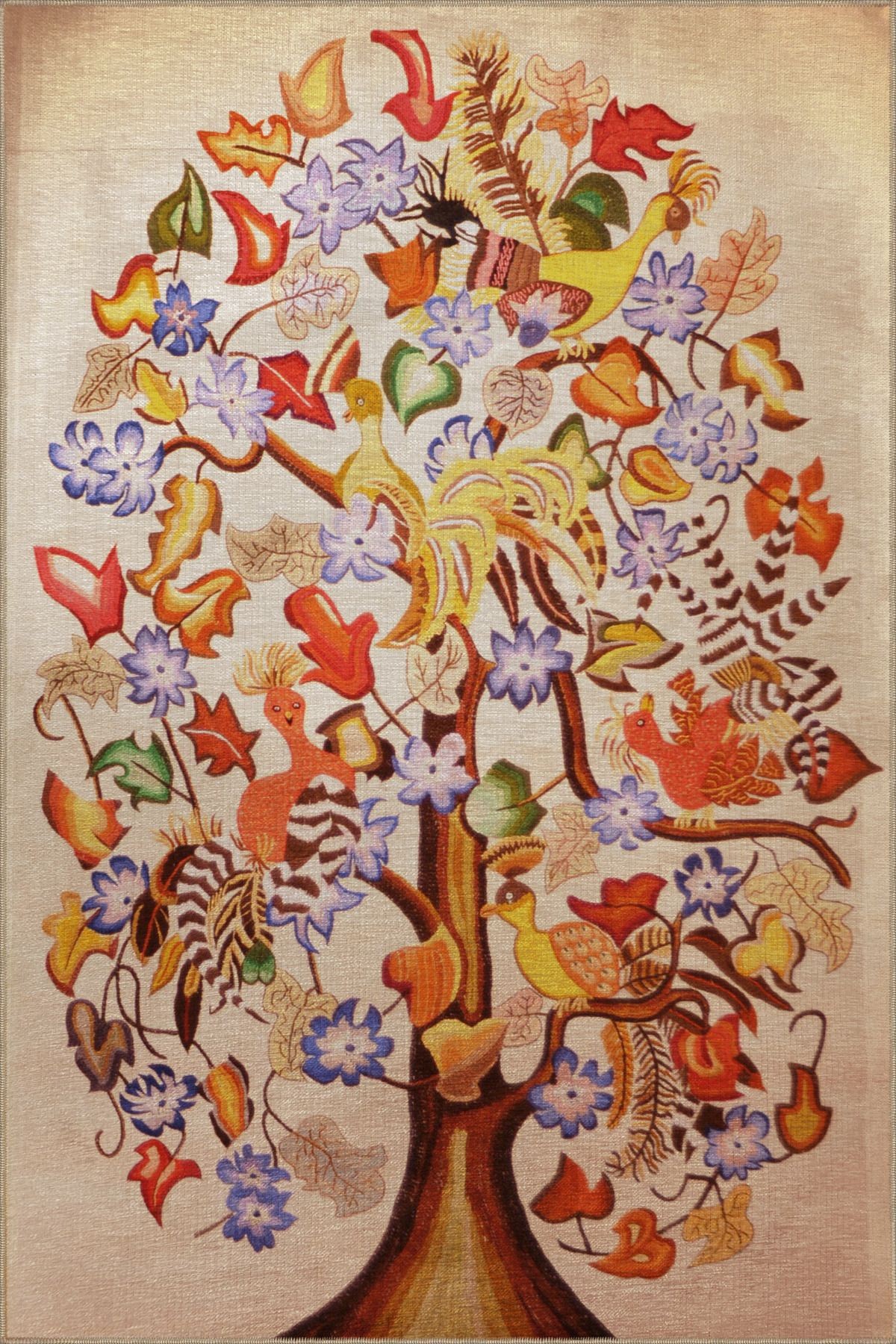 Bej Temalı Soyut Ağaç ve Çiçek Desenli Kreatif Vintage Dekoratif Halı 2886