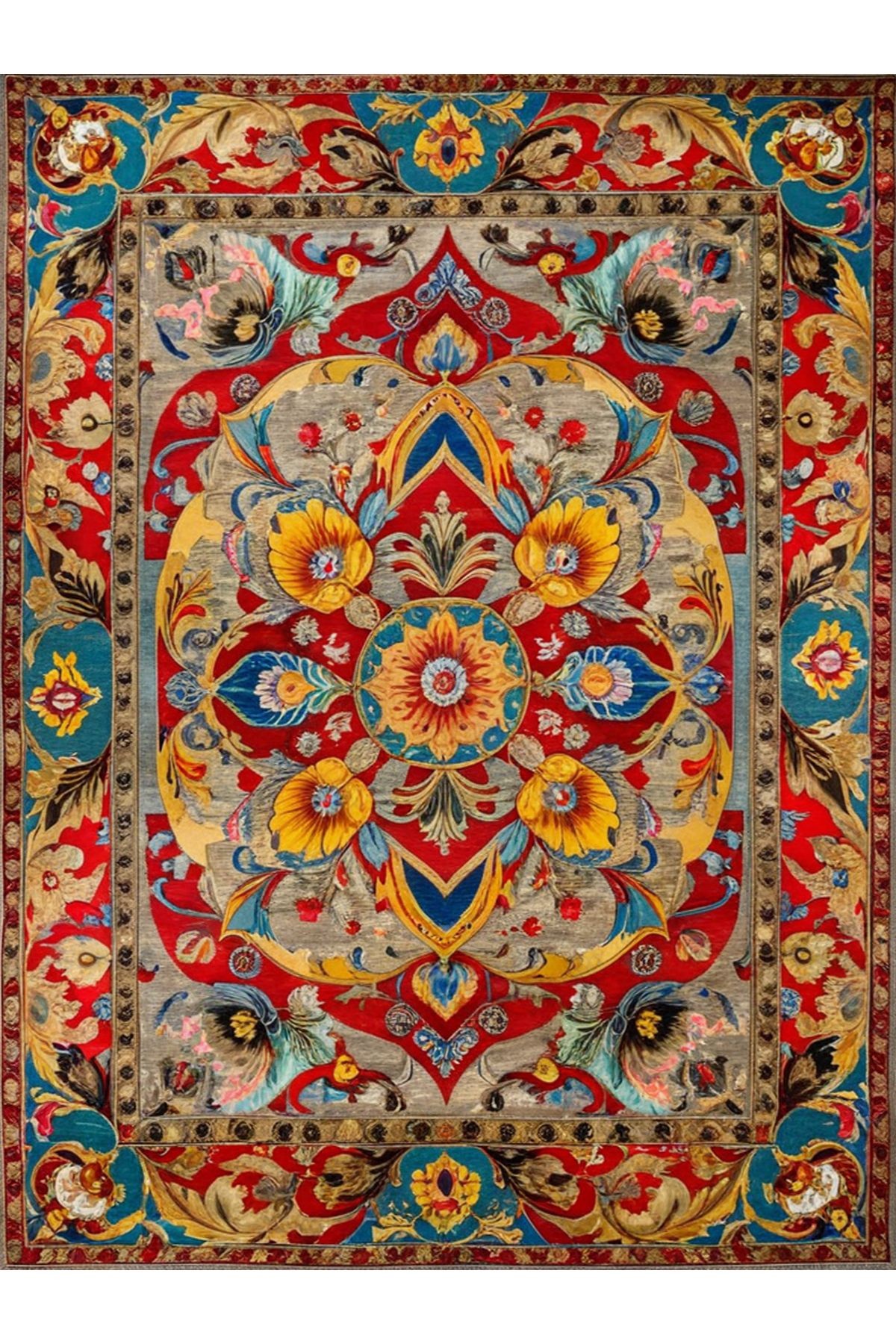 Tokyo Koleksiyonu Çok Renkli Floral Detaylar ve Etnik Desenli Dokuma Taban Vintage Dekoratif Halı 05