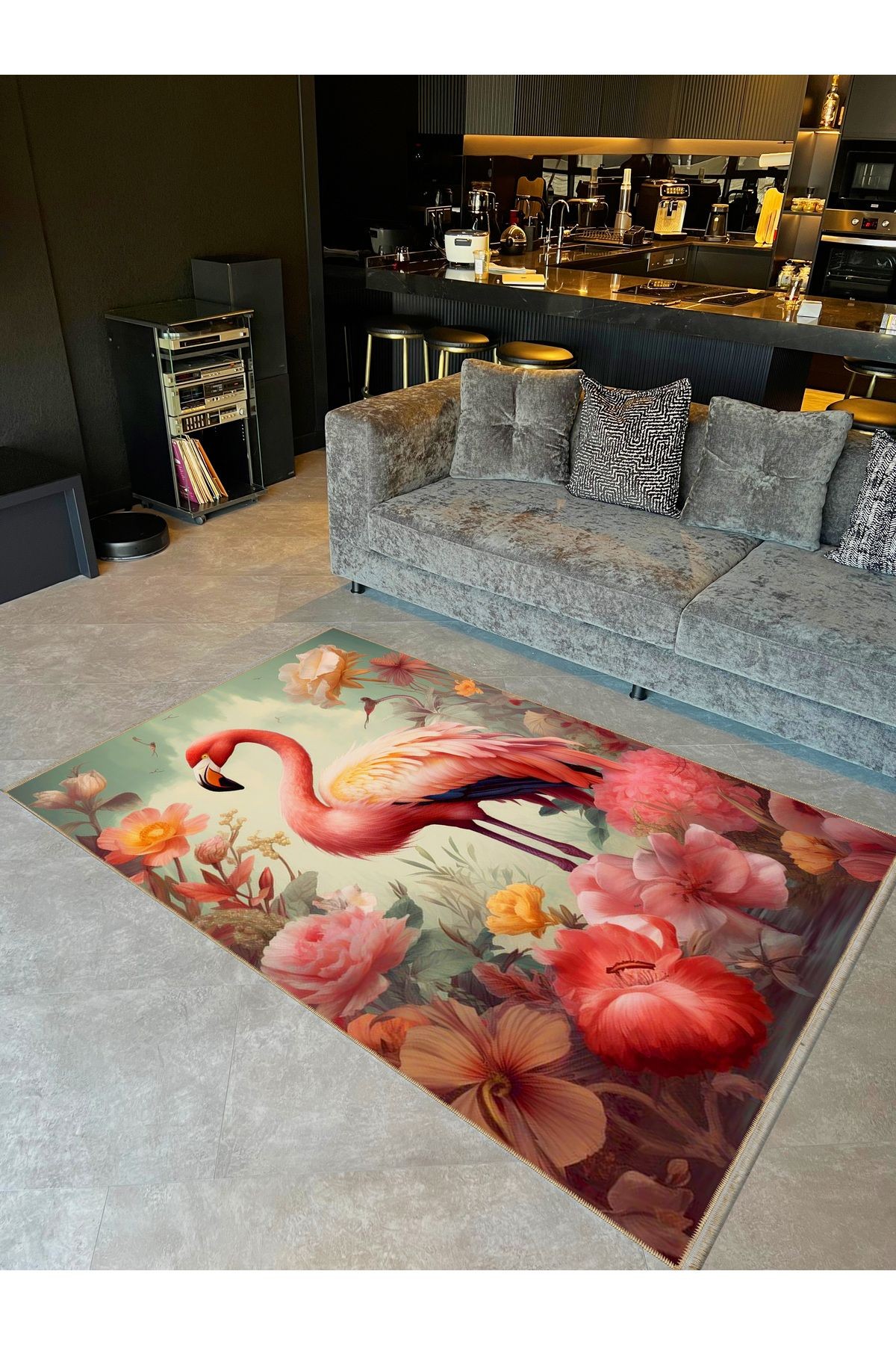 Güneş Koleksiyonu Pastel Tonlarda Flamingo Detaylı Dokuma Taban Modern Dekoratif Halı güneş40