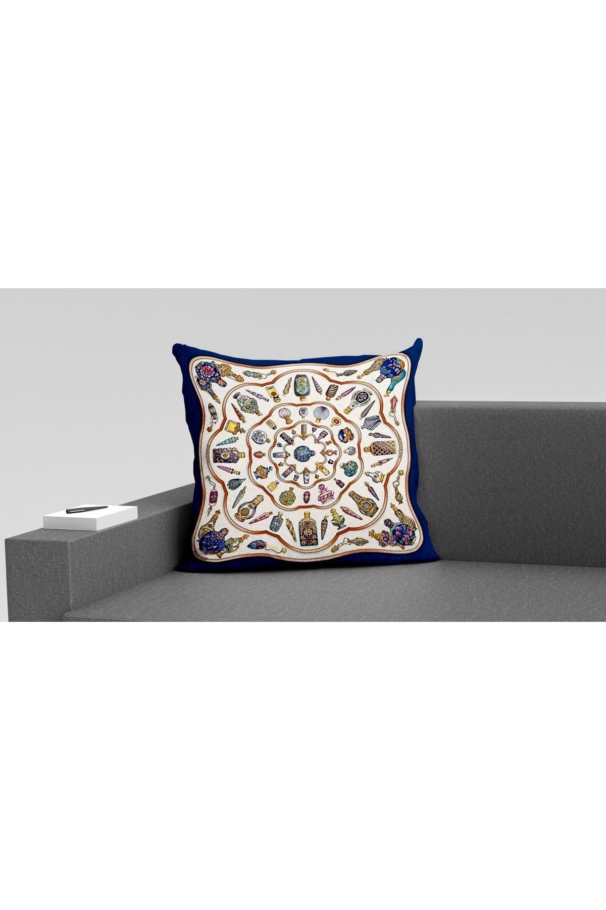 Kırlent Lacivert Krem Renkli Vazolar Temalı Kırlent Kılıfı Pillow52