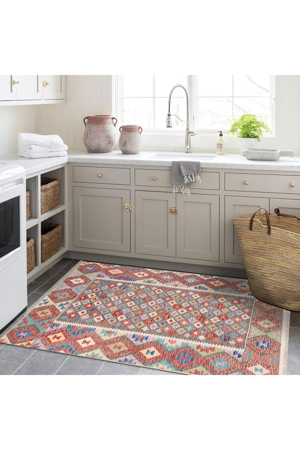 Güney Koleksiyonu Çok Renkli Geometrik Motifli ve Geleneksel Desenli Vintage Dekoratif Halı 40