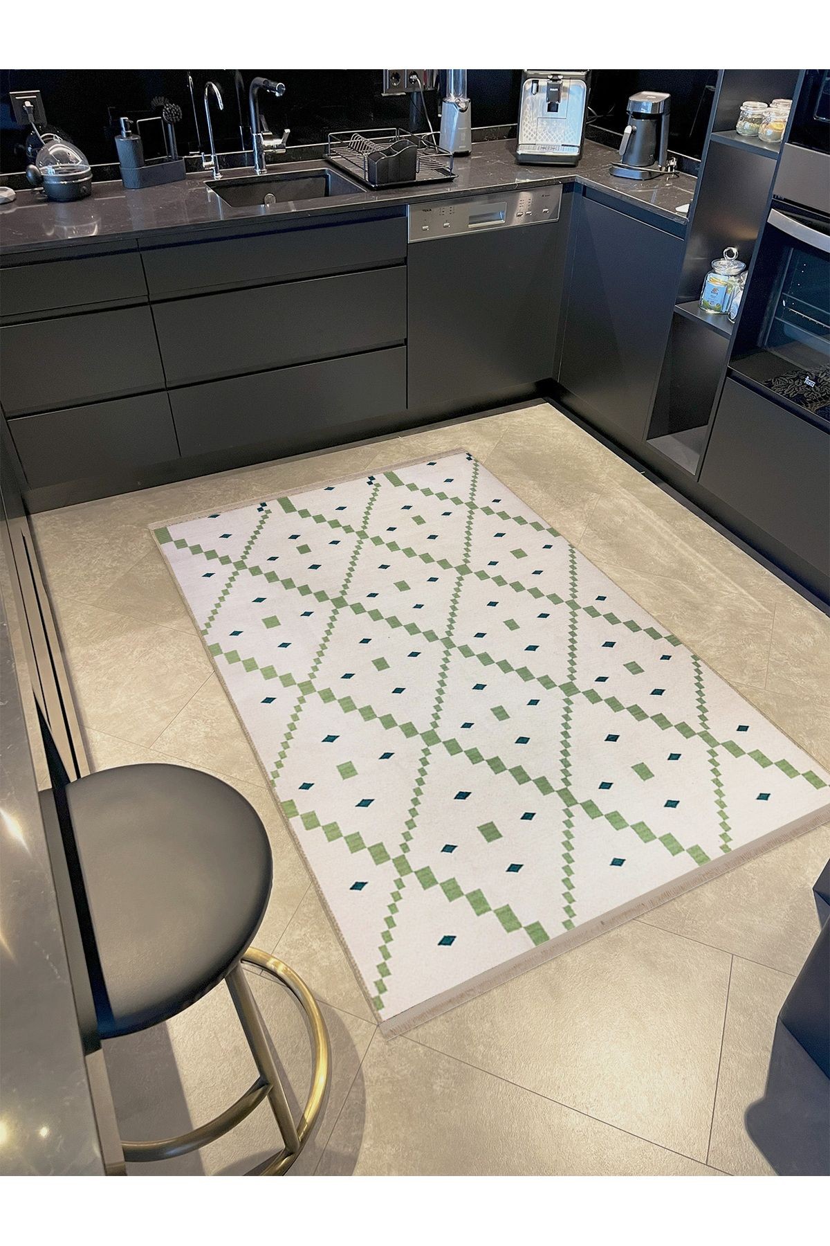 Emre Koleksiyonu Yeşil Bej Tonlar Geometrik Detay Desenli Dokuma Taban Modern Dekoratif Halı 11