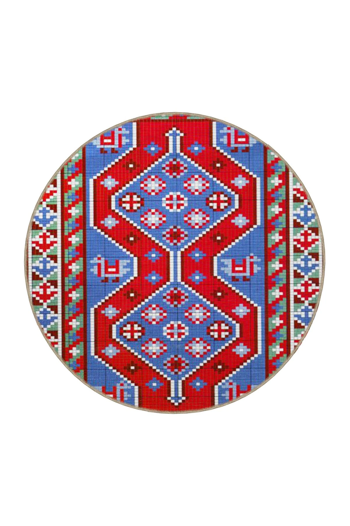 Kırmızı Mavi Renkli Etnik Desenli Geometrik Dokuma Taban Halı 4258