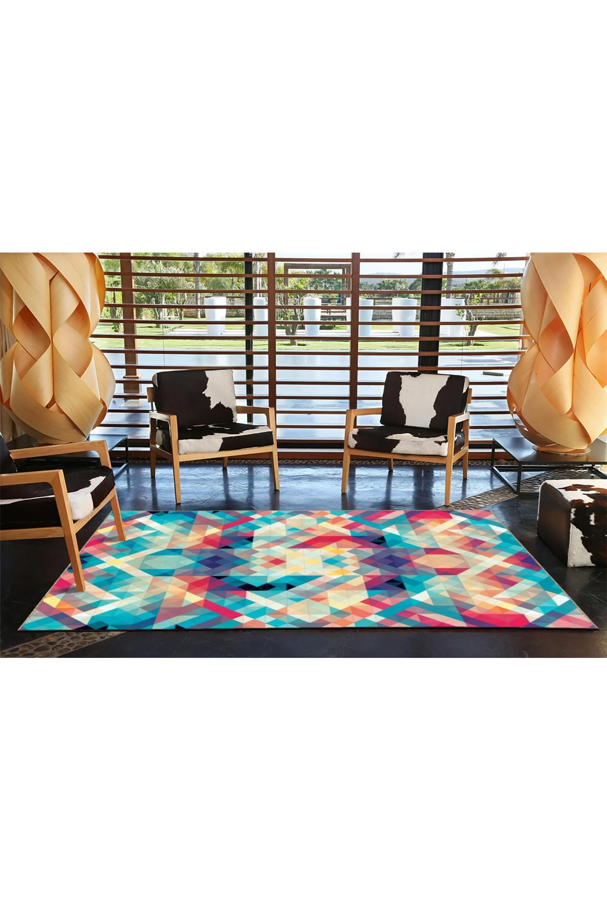 Turkuaz Temalı Çok Renkli Geometrik Şekil Desenli Modern Dekoratif Halı 4709