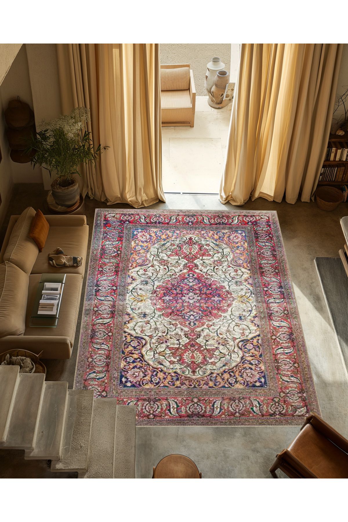 Pembe Temalı Geleneksel Motif Etnik Çiçek Desenli Vintage Dekoratif Halı 3311