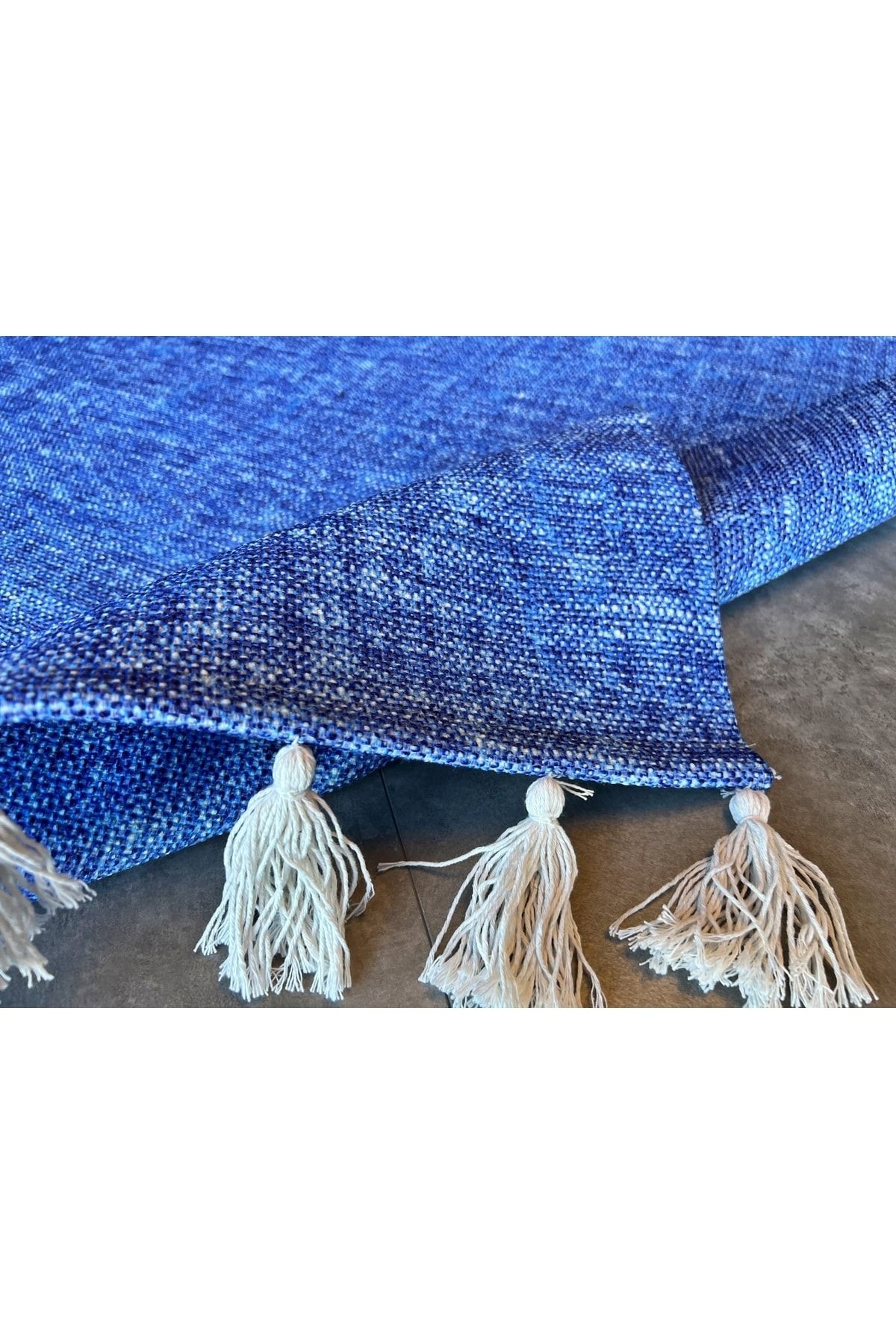 Moroccan 9004 Alaçatı Mavisi Beyaz Püsküllü Bohomian Ve Modern Kilim