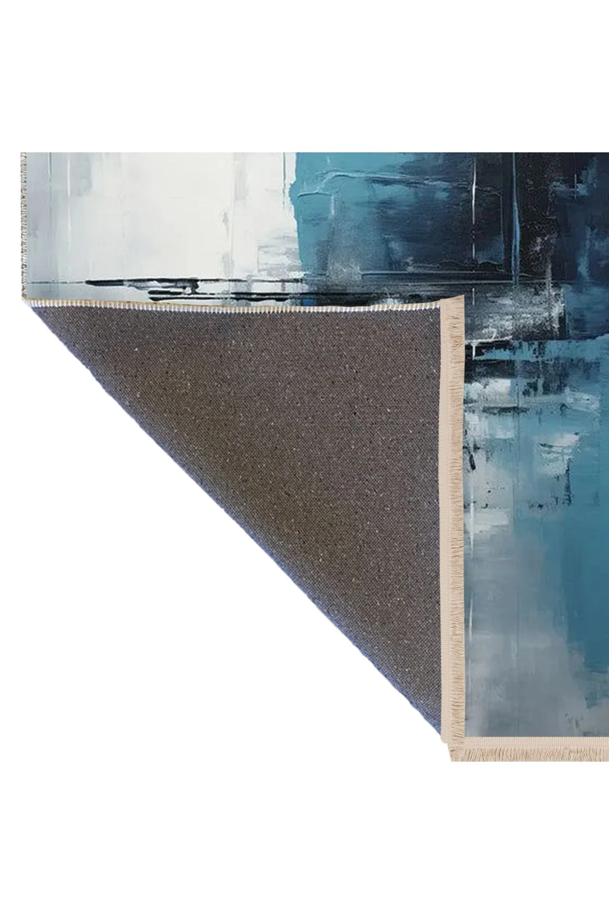 Yılmaz Koleksiyonu Yağlı Boya Görünümlü Beyaz Mavi Dokuma Taban Modern Dekoratif Halı yılmaz29