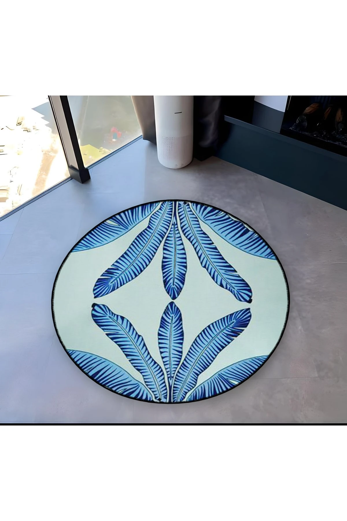 Mavi Temalı Tropikal Yapraklar Desenli Yuvarlak Dokuma Taban Modern Dekoratif Halı 6115